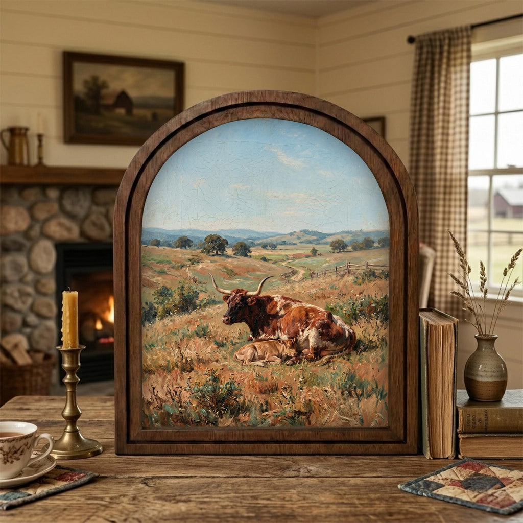 Arched Longhorn Frame, Country Farmhouse Decor, Wooden Cow Art, Rustic Wood Frame, Canvas Farm Art, 3D Layered Frame, Cow Lover Gift Decor