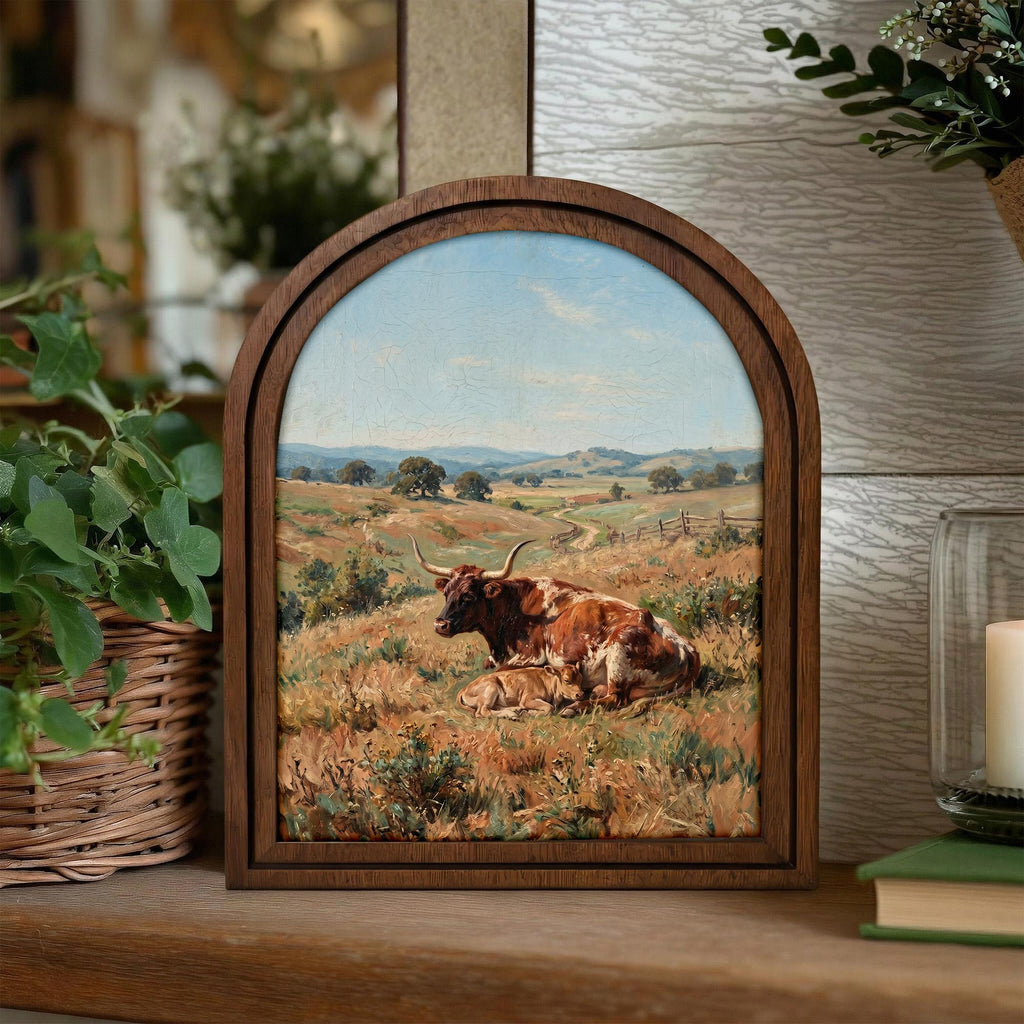 Arched Longhorn Frame, Country Farmhouse Decor, Wooden Cow Art, Rustic Wood Frame, Canvas Farm Art, 3D Layered Frame, Cow Lover Gift Decor