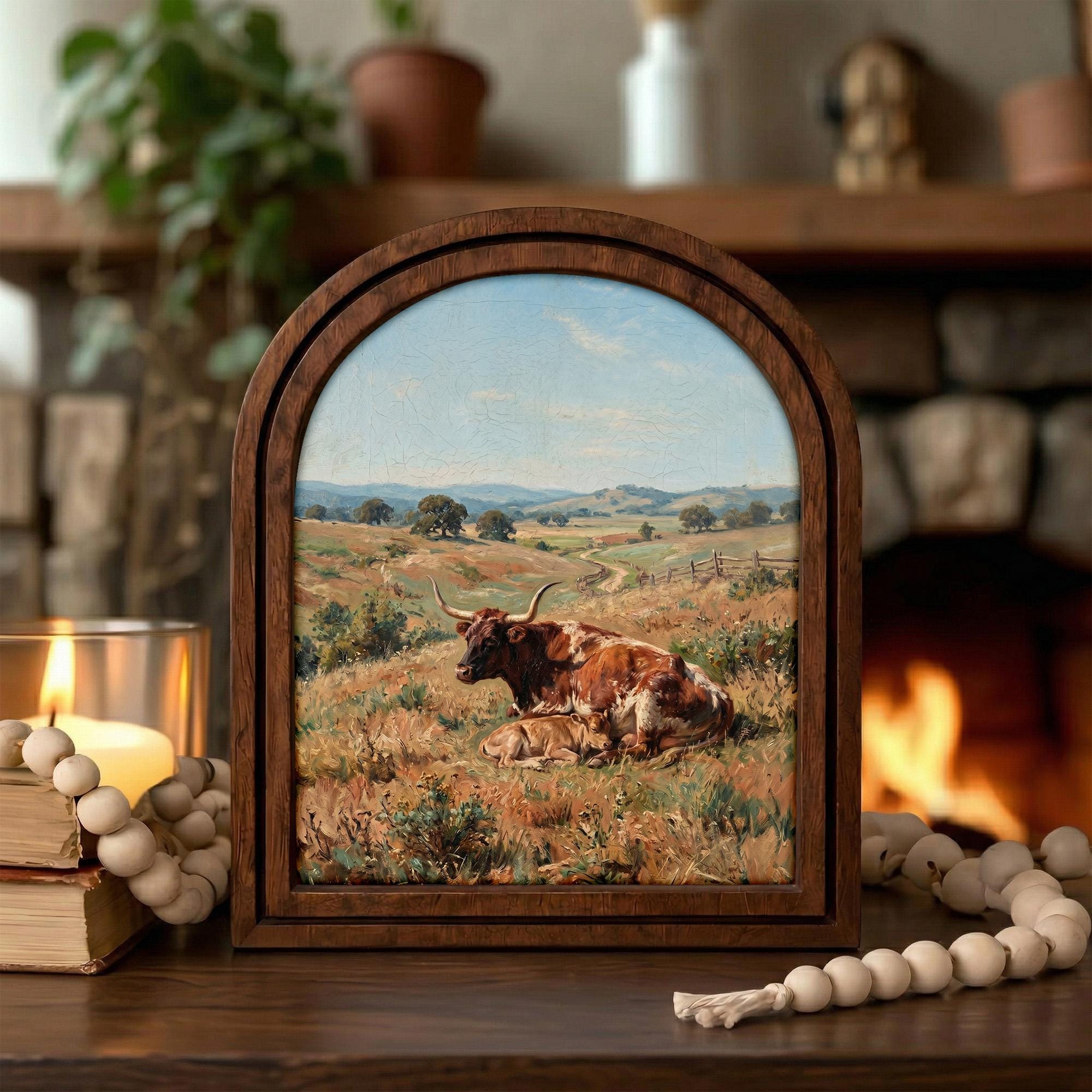 Arched Longhorn Frame, Country Farmhouse Decor, Wooden Cow Art, Rustic Wood Frame, Canvas Farm Art, 3D Layered Frame, Cow Lover Gift Decor