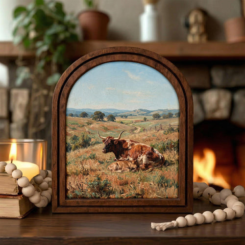 Arched Longhorn Frame, Country Farmhouse Decor, Wooden Cow Art, Rustic Wood Frame, Canvas Farm Art, 3D Layered Frame, Cow Lover Gift Decor