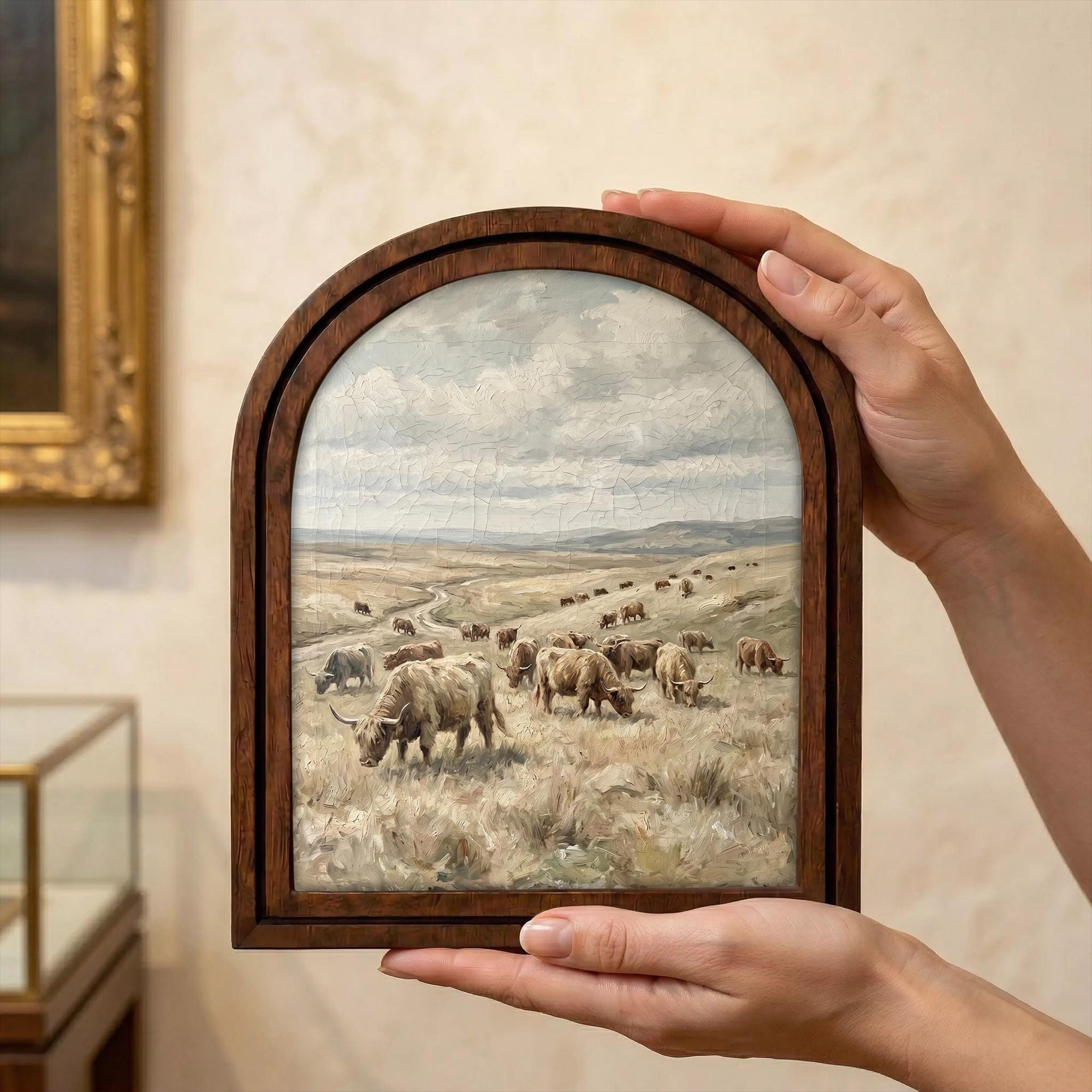 Arched Highland Cow Frame, Country Farmhouse Decor, Wooden Cattle Art, Rustic Wood Frame, Canvas Farm Art, 3D Layered Frame, Wall Hanging