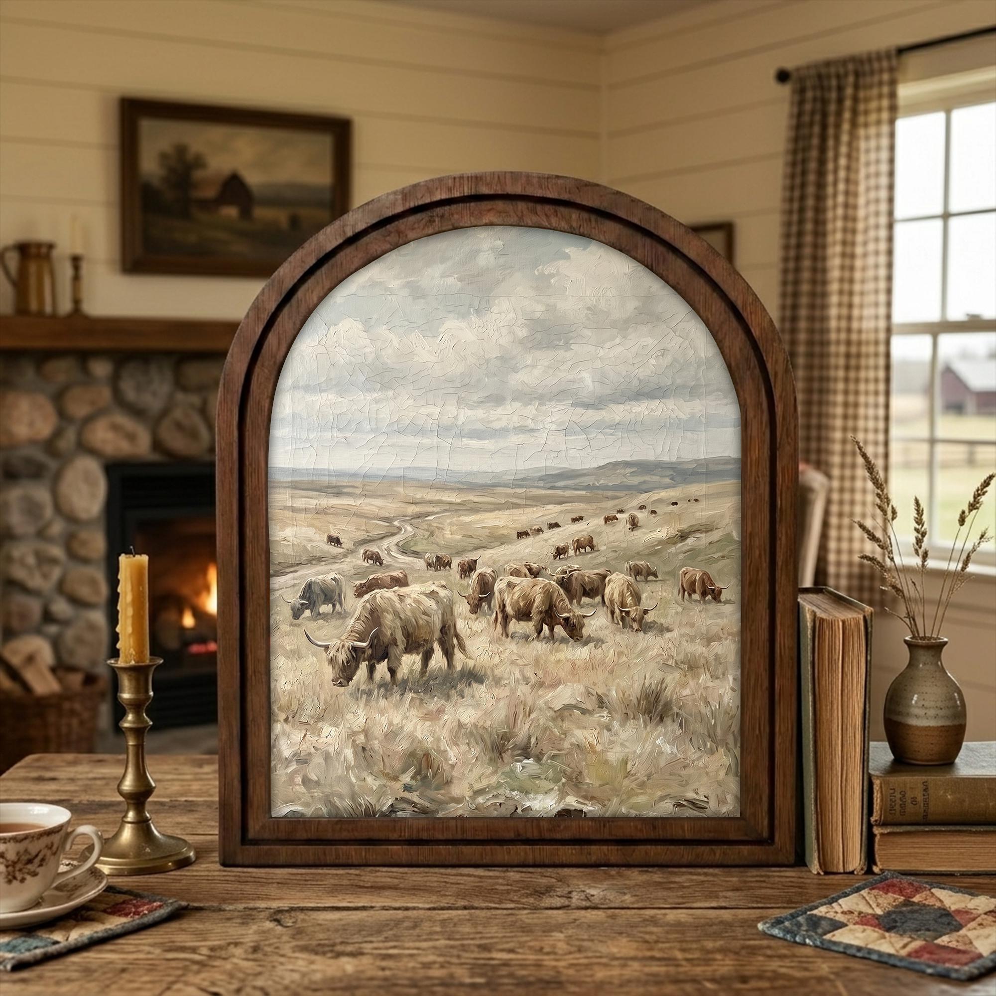 Arched Highland Cow Frame, Country Farmhouse Decor, Wooden Cattle Art, Rustic Wood Frame, Canvas Farm Art, 3D Layered Frame, Wall Hanging