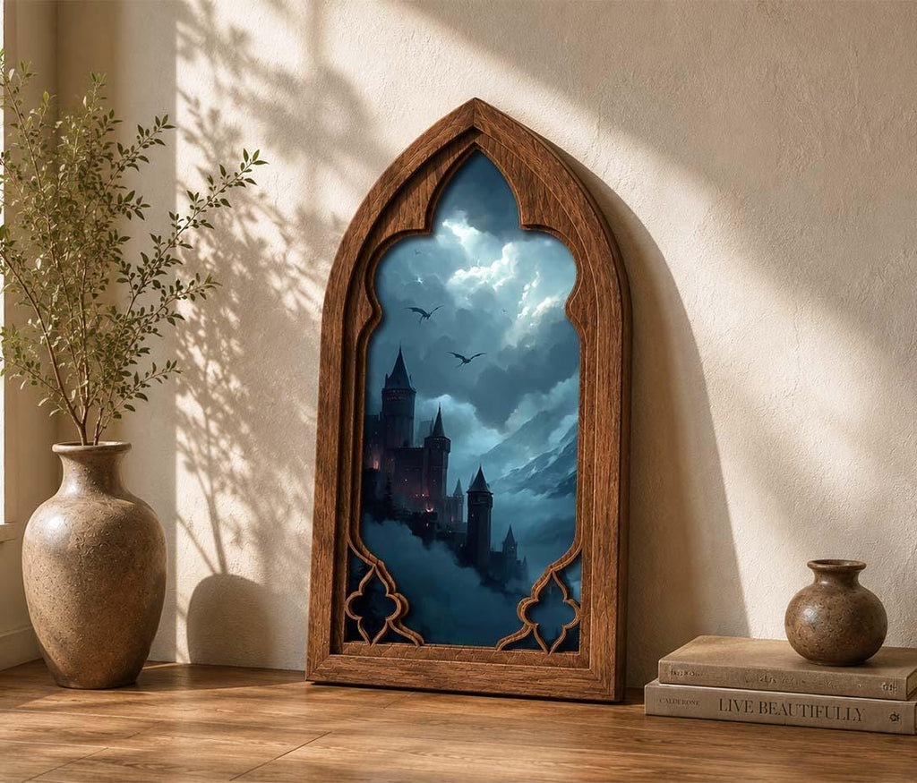 Dark Fantasy Castle Gothic Arch Wall Art, Dragon Kingdom Window Decor, Moody Medieval Fantasy Castle Artwork