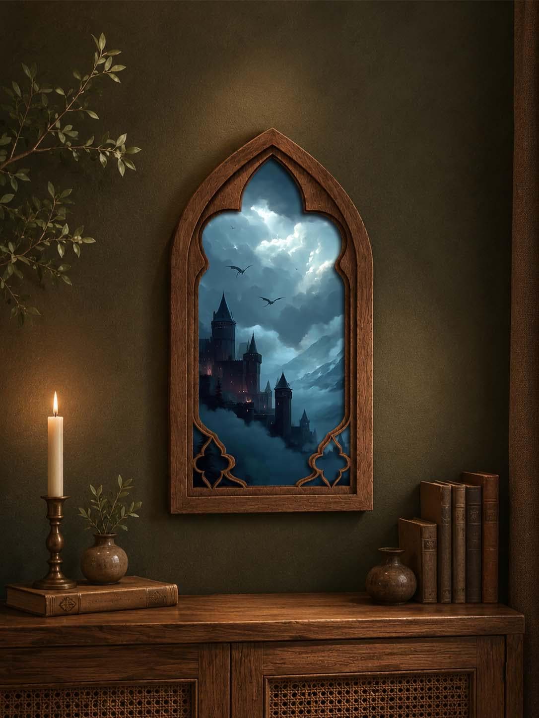 Dark Fantasy Castle Gothic Arch Wall Art, Dragon Kingdom Window Decor, Moody Medieval Fantasy Castle Artwork