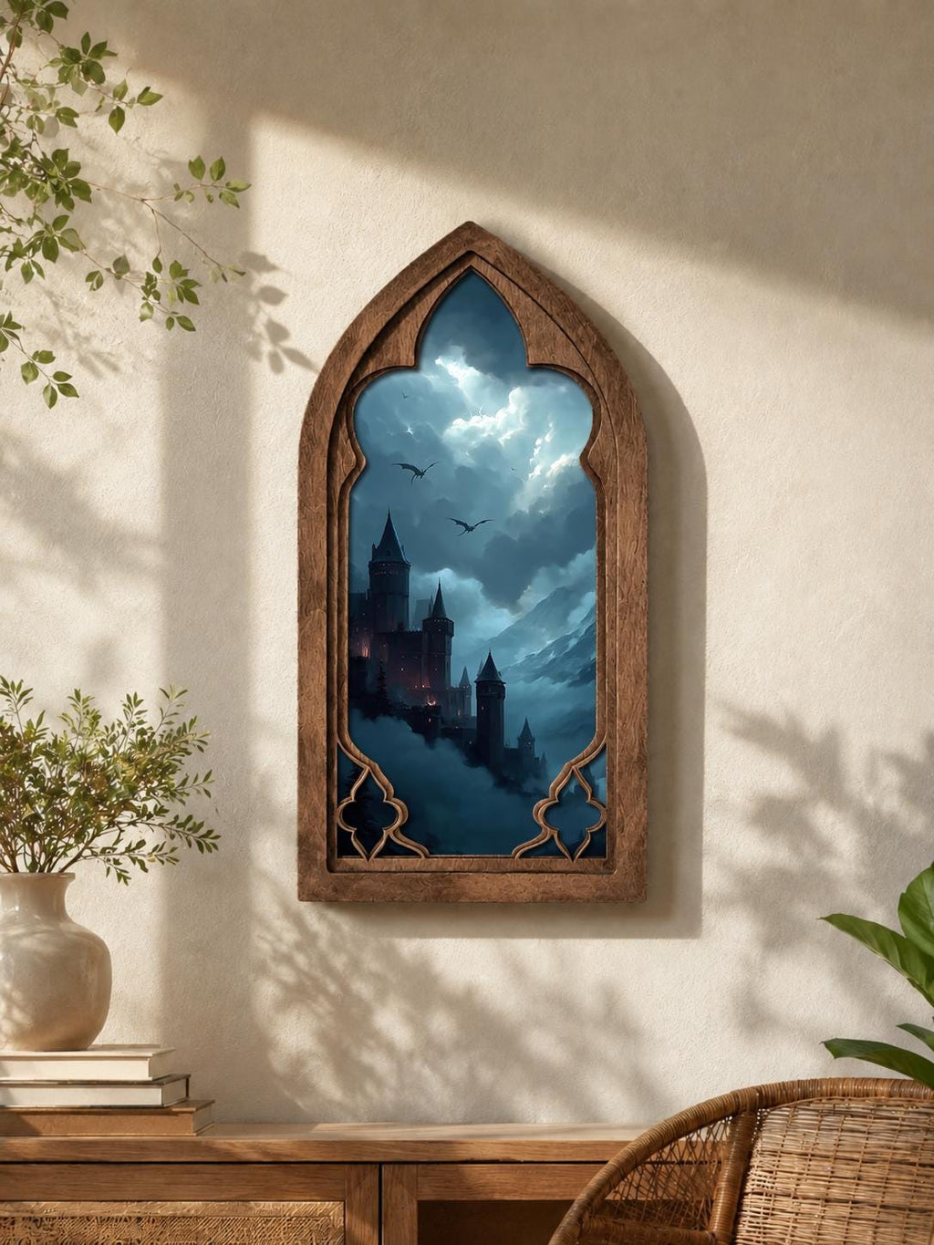 Dark Fantasy Castle Gothic Arch Wall Art, Dragon Kingdom Window Decor, Moody Medieval Fantasy Castle Artwork