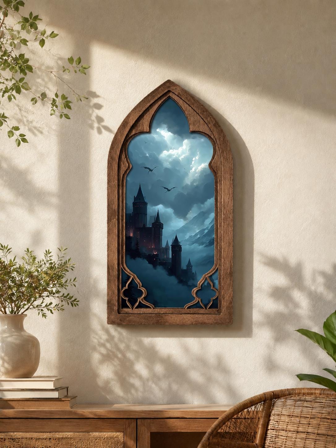 Dark Fantasy Castle Gothic Arch Wall Art, Dragon Kingdom Window Decor, Moody Medieval Fantasy Castle Artwork