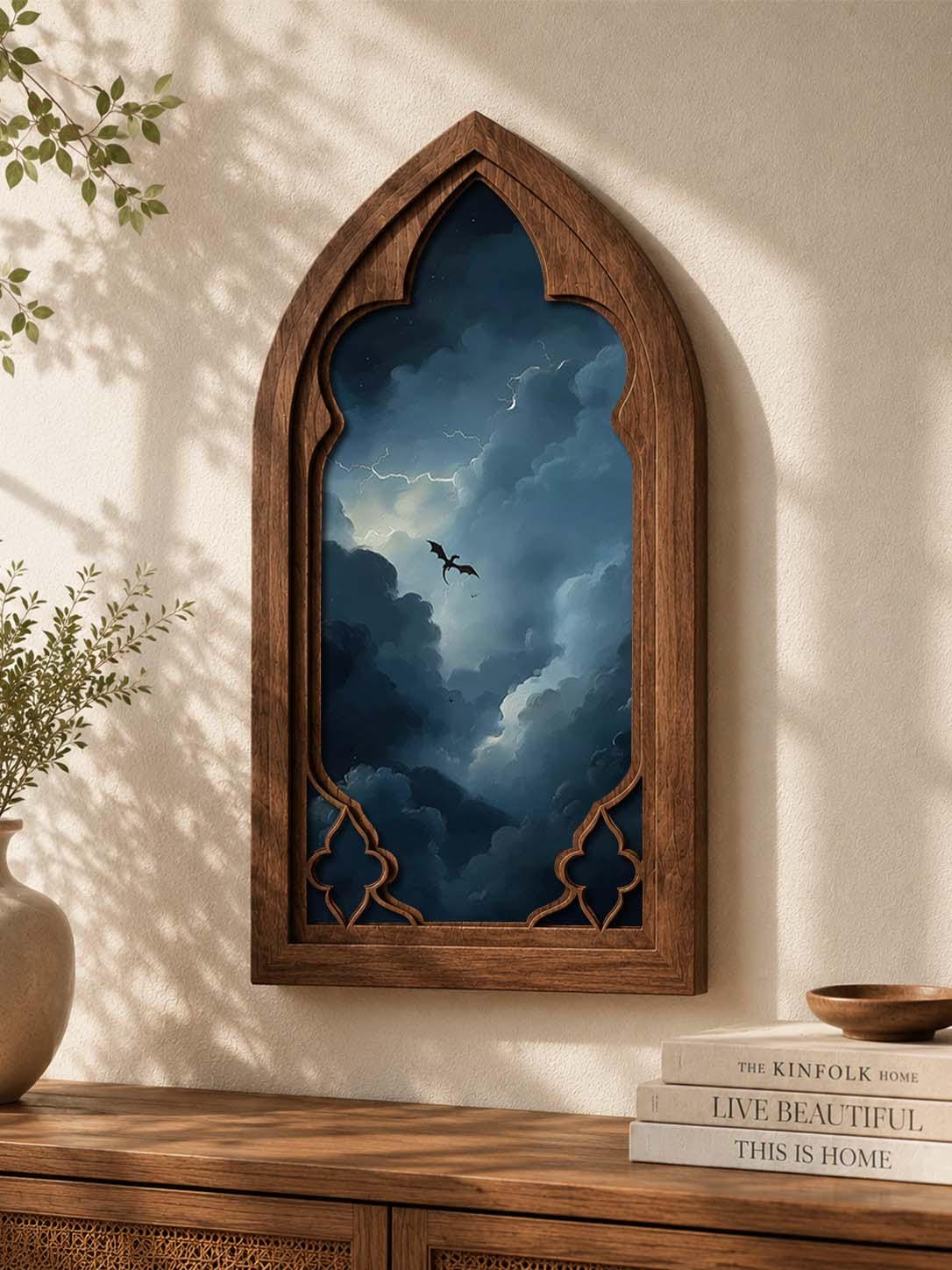 Storm Dragon Gothic Arch Wall Art, Dark Fantasy Sky Window Decor, Moody Dragon Cloudscape Artwork, Gothic Home Decor