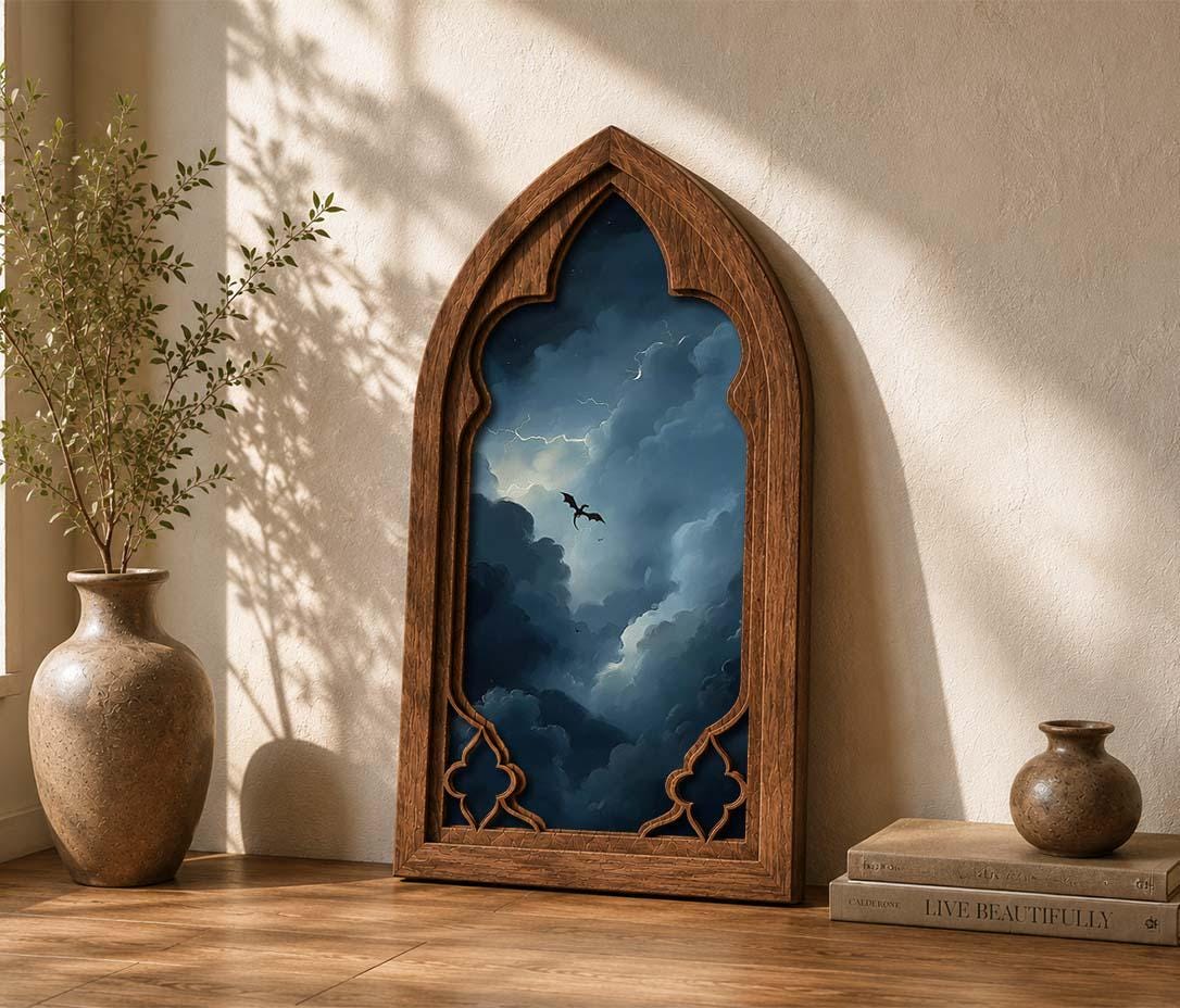 Storm Dragon Gothic Arch Wall Art, Dark Fantasy Sky Window Decor, Moody Dragon Cloudscape Artwork, Gothic Home Decor