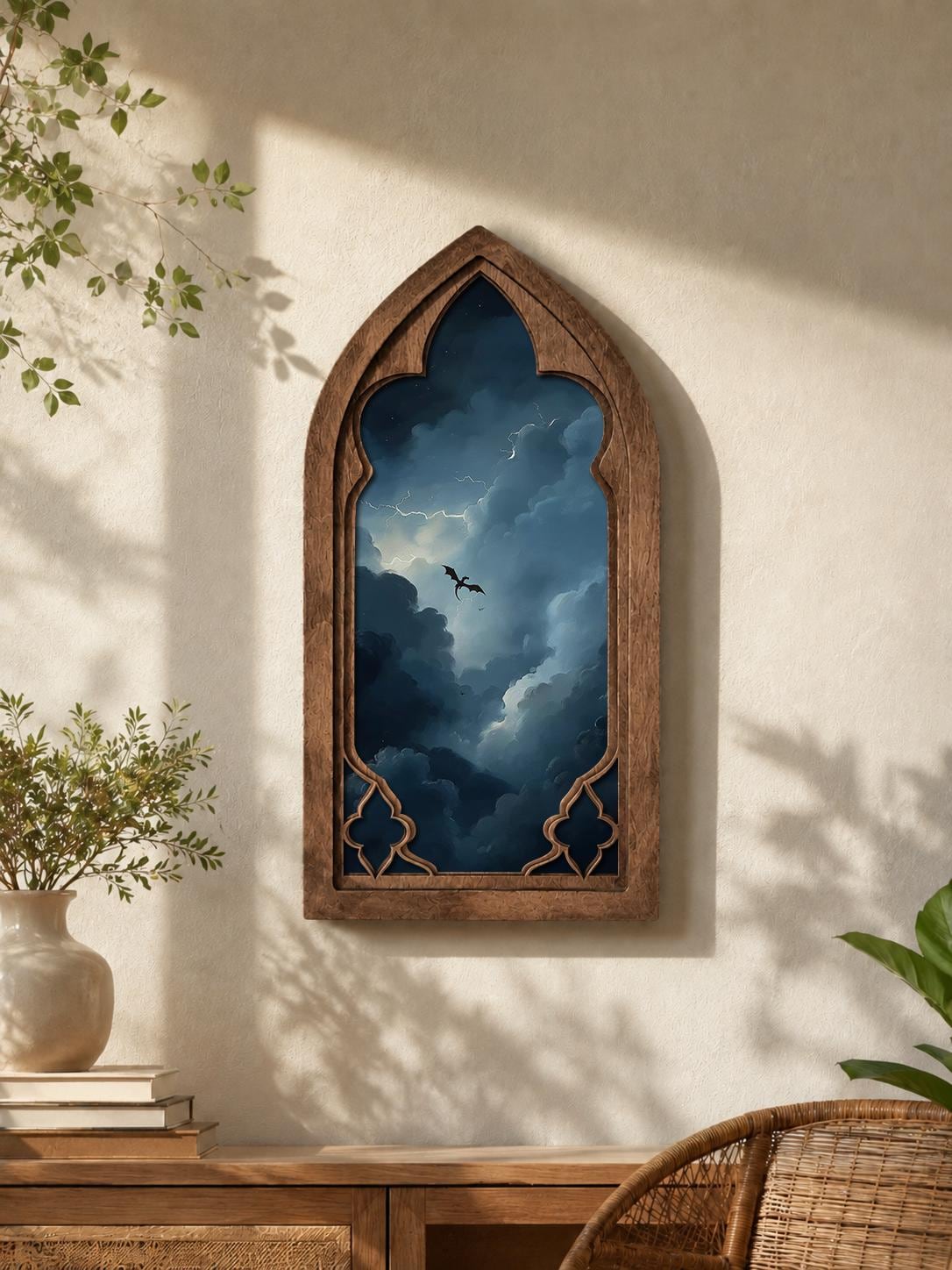 Storm Dragon Gothic Arch Wall Art, Dark Fantasy Sky Window Decor, Moody Dragon Cloudscape Artwork, Gothic Home Decor