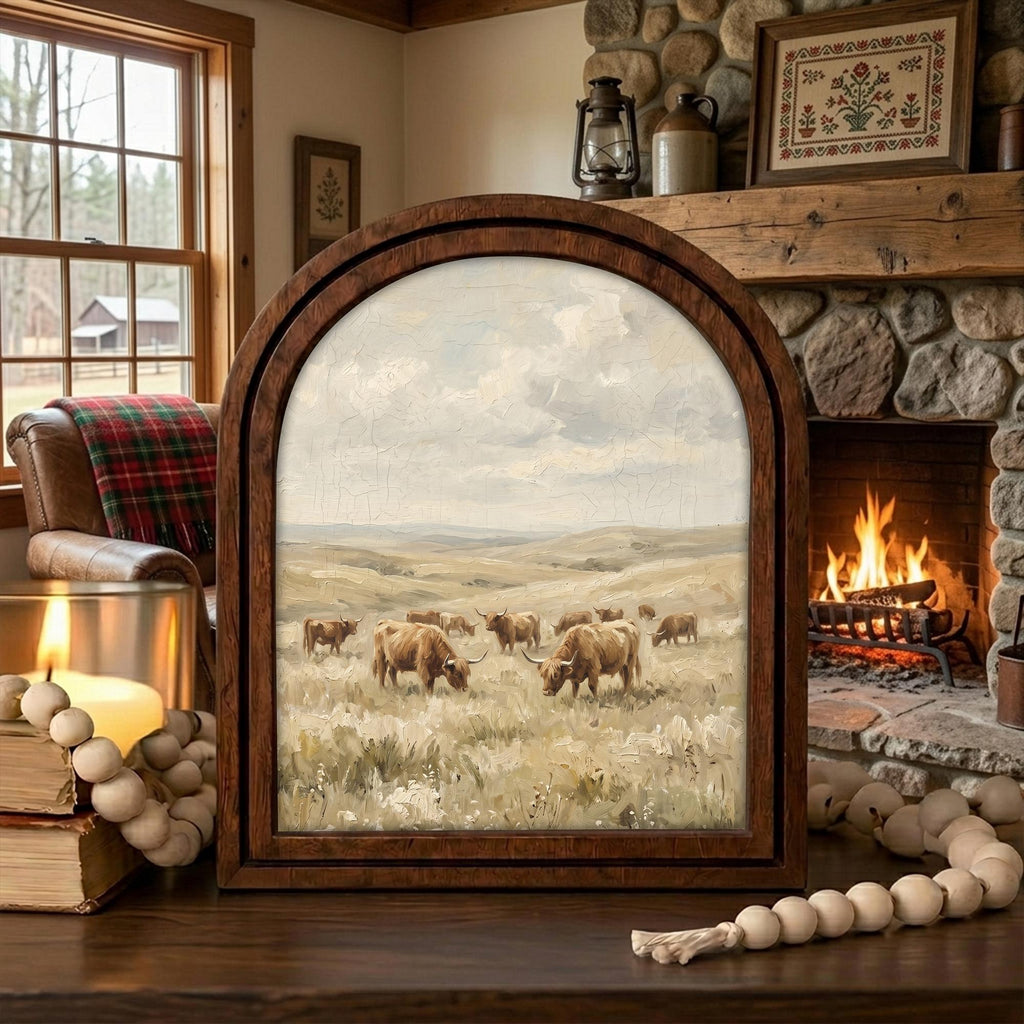 Arched Highland Cow Frame, Country Farmhouse Decor, Wooden Cattle Art, Rustic Wood Frame, Canvas Farm Art, 3D Layered Frame, Wall Hanging