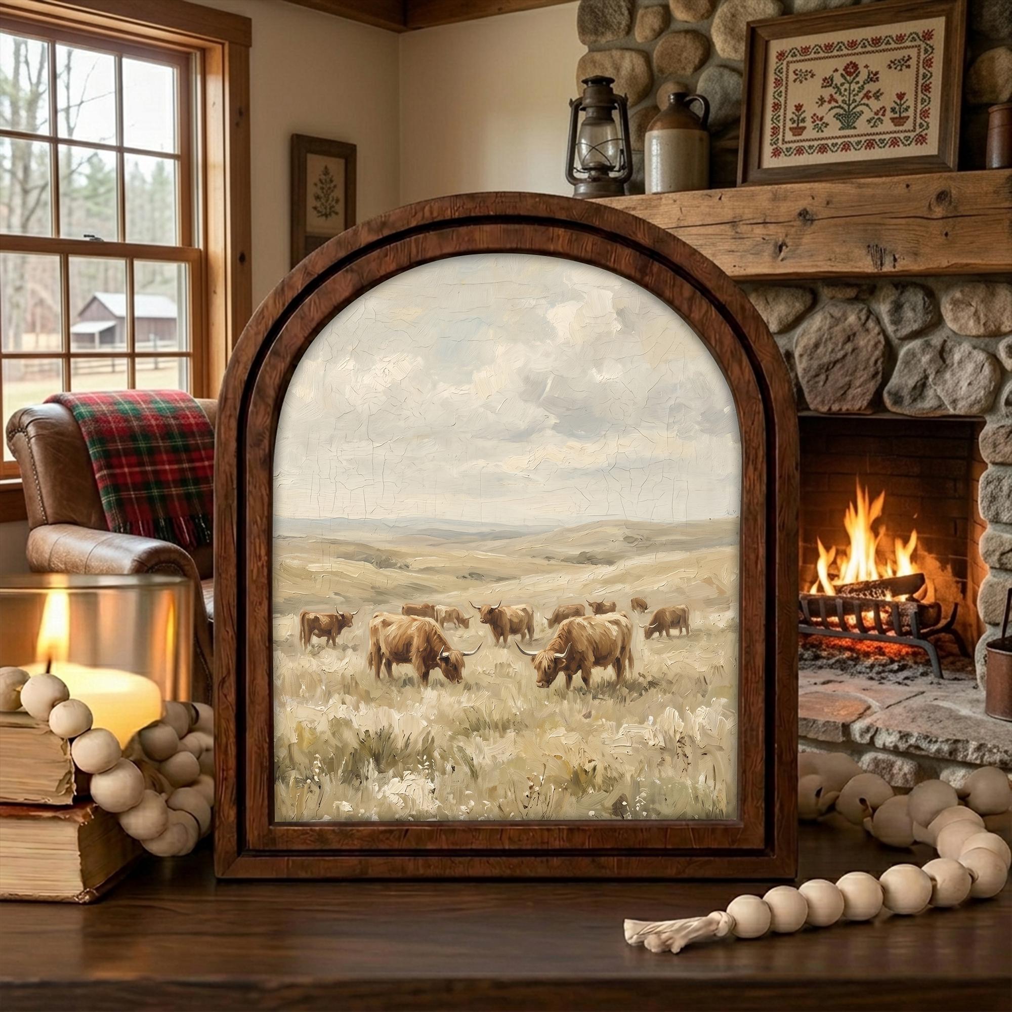 Arched Highland Cow Frame, Country Farmhouse Decor, Wooden Cattle Art, Rustic Wood Frame, Canvas Farm Art, 3D Layered Frame, Wall Hanging