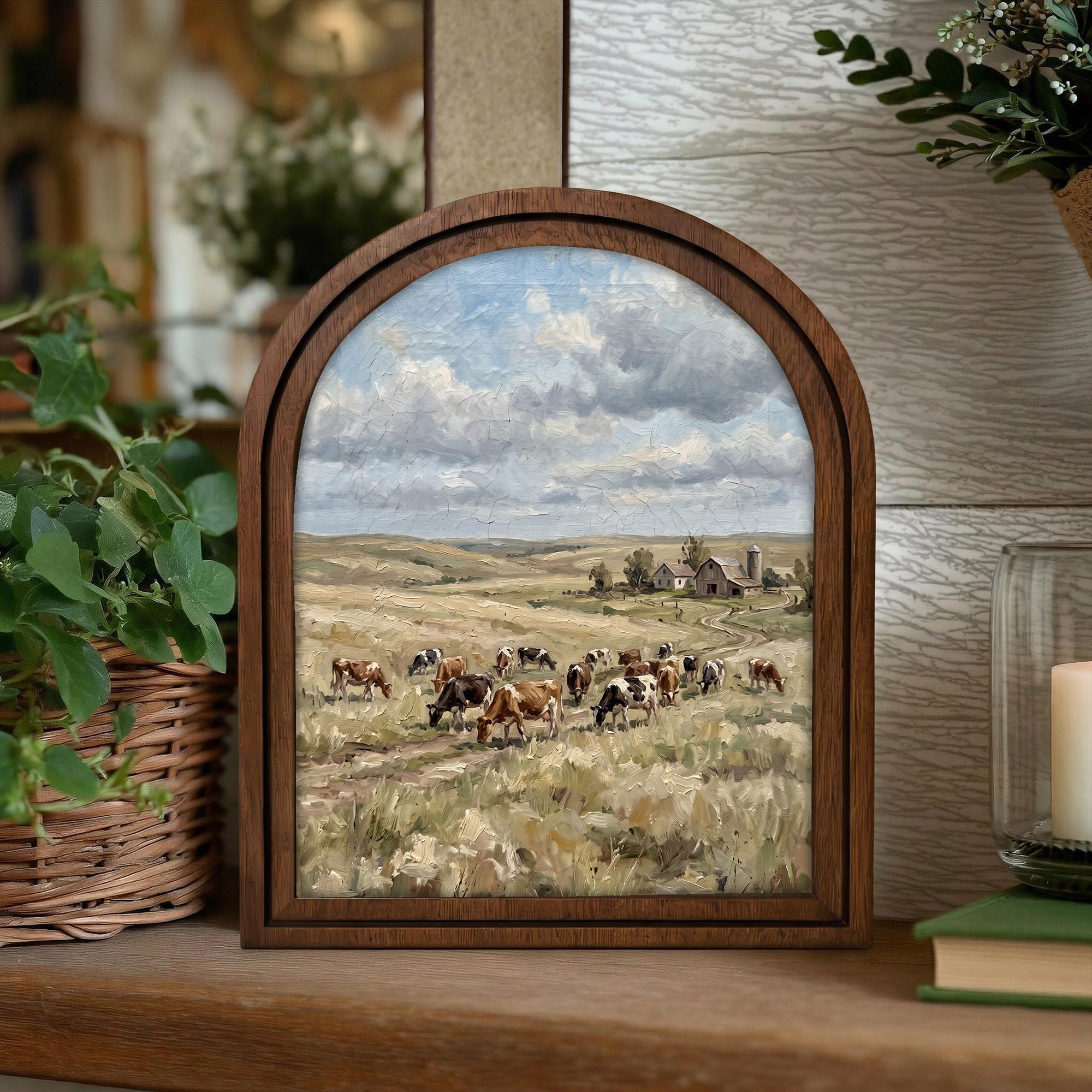 Arched Cow Farm Frame, Country Farmhouse Decor, Wooden Dairy Cow Art, Rustic Wood Frame, Canvas Farm Art, 3D Layered Frame, Wall Hanging