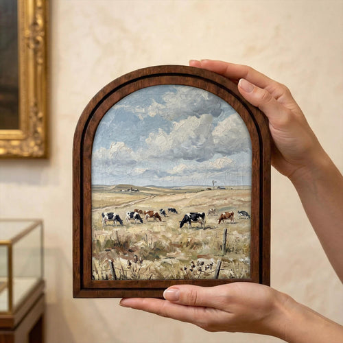 Arched Cow Field Frame, Country Farmhouse Decor, Holstein Cow Art, Rustic Wood Frame, Canvas Farm Art, 3D Layered Frame, Wall Hanging Art