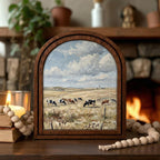 Arched Cow Field Frame, Country Farmhouse Decor, Holstein Cow Art, Rustic Wood Frame, Canvas Farm Art, 3D Layered Frame, Wall Hanging Art