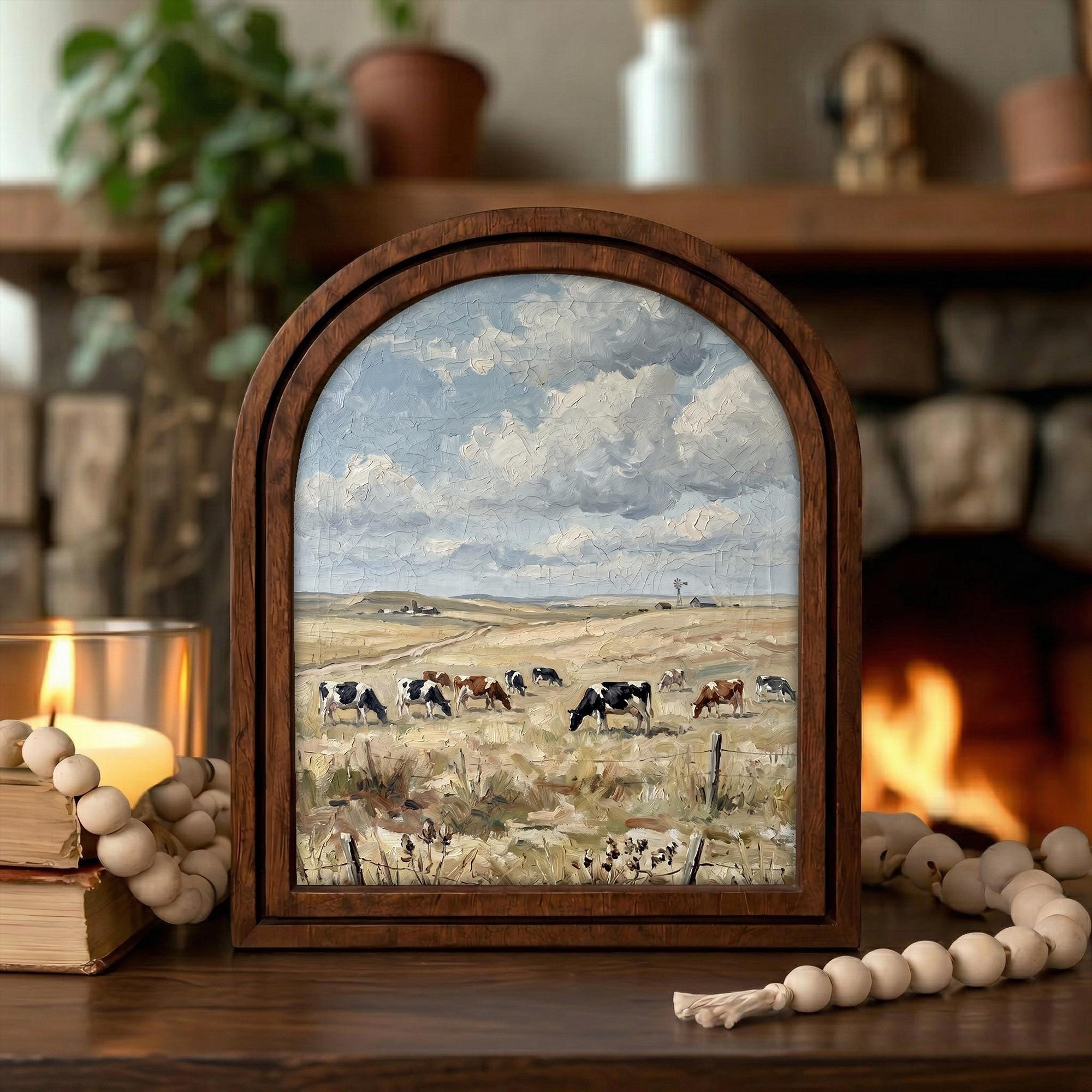 Arched Cow Field Frame, Country Farmhouse Decor, Holstein Cow Art, Rustic Wood Frame, Canvas Farm Art, 3D Layered Frame, Wall Hanging Art