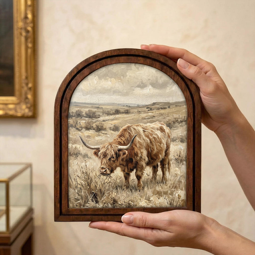 Arched Highland Cow Frame, Country Farmhouse Decor, Wooden Cattle Art, Rustic Wood Frame, Canvas Farm Art, 3D Layered Frame, Cow Lover Gift