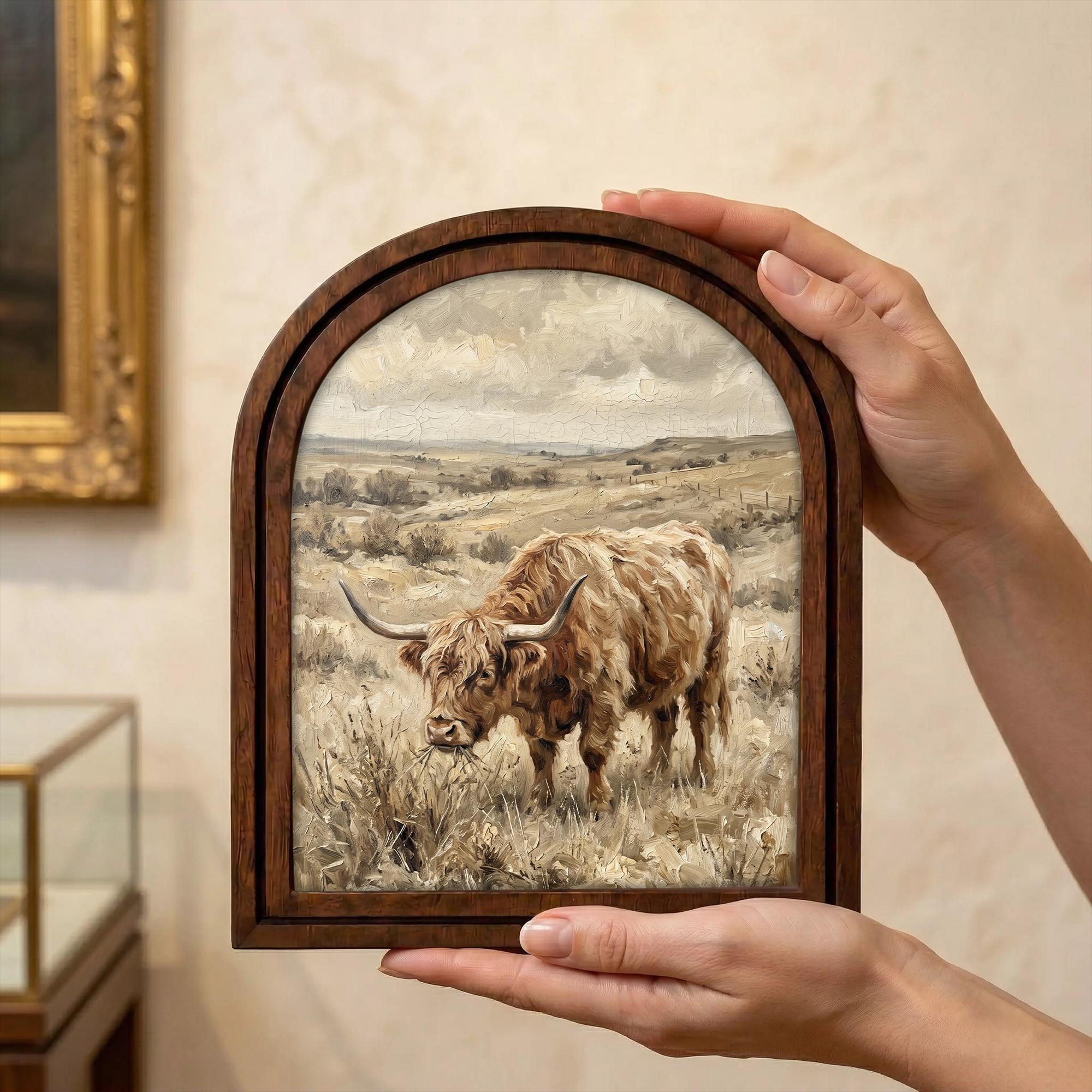 Arched Highland Cow Frame, Country Farmhouse Decor, Wooden Cattle Art, Rustic Wood Frame, Canvas Farm Art, 3D Layered Frame, Cow Lover Gift