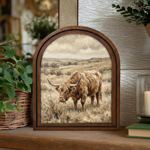 Arched Highland Cow Frame, Country Farmhouse Decor, Wooden Cattle Art, Rustic Wood Frame, Canvas Farm Art, 3D Layered Frame, Cow Lover Gift