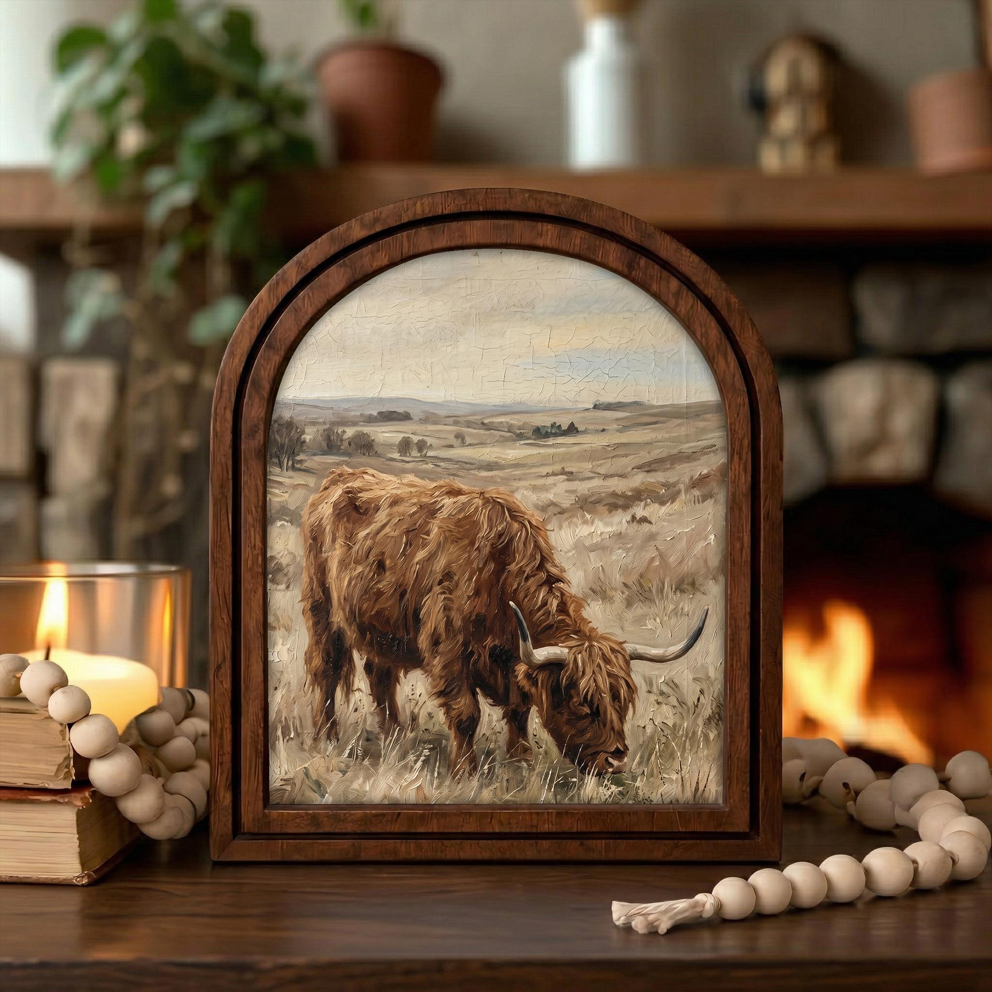 Arched Highland Cow Frame, Country Farmhouse Decor, Wooden Cattle Art, Rustic Wood Frame, Canvas Farm Art, 3D Layered Frame, Cow Lover Gift