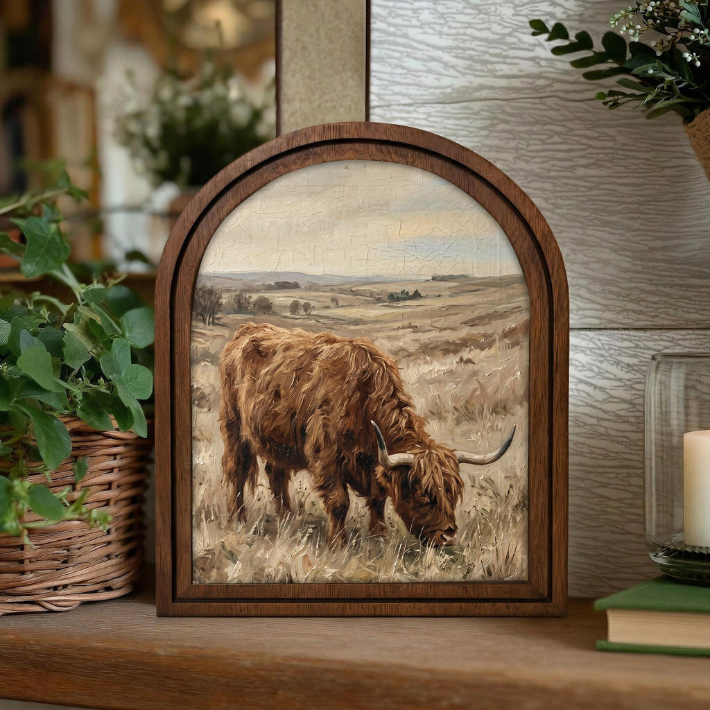 Arched Highland Cow Frame, Country Farmhouse Decor, Wooden Cattle Art, Rustic Wood Frame, Canvas Farm Art, 3D Layered Frame, Cow Lover Gift