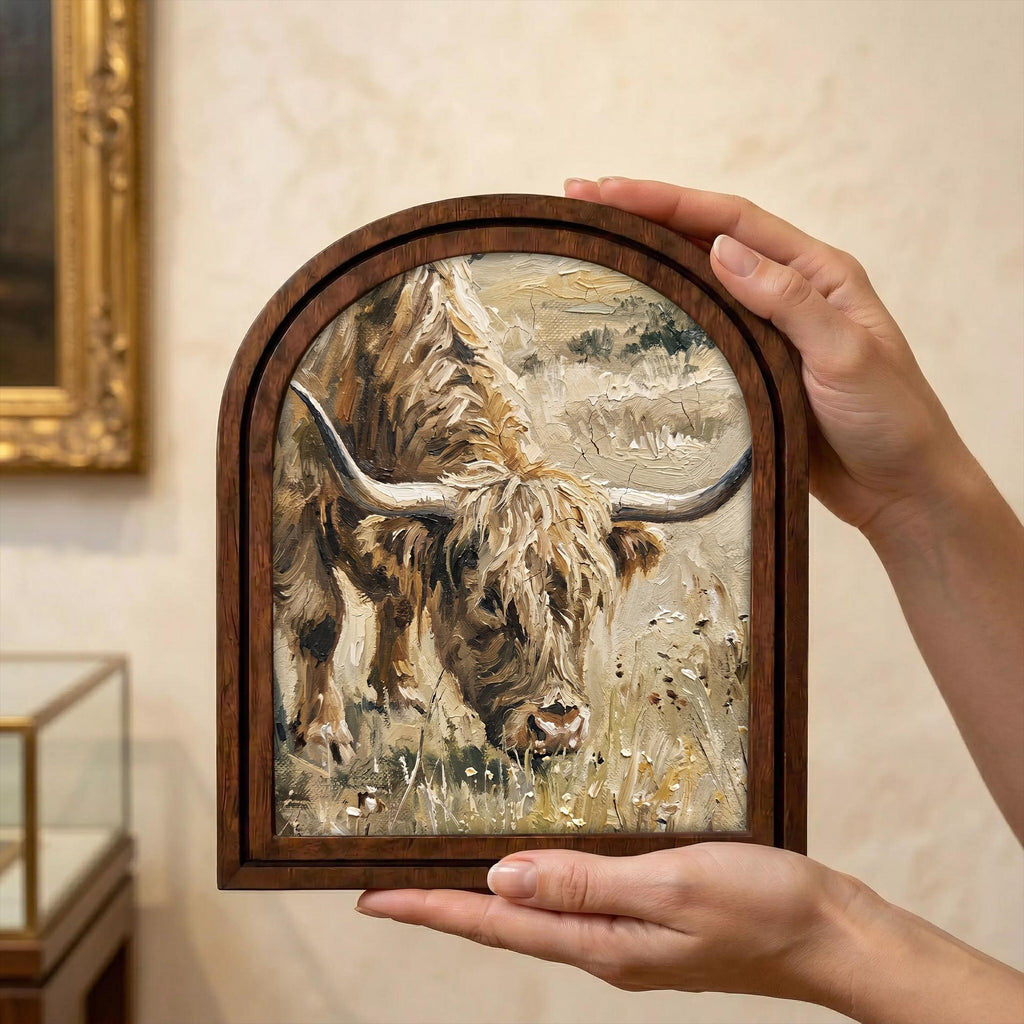 Arched Highland Cow Frame, Country Farmhouse Decor, Wooden Cattle Art, Rustic Wood Frame, Canvas Farm Art, 3D Layered Frame, Cow Lover Gift