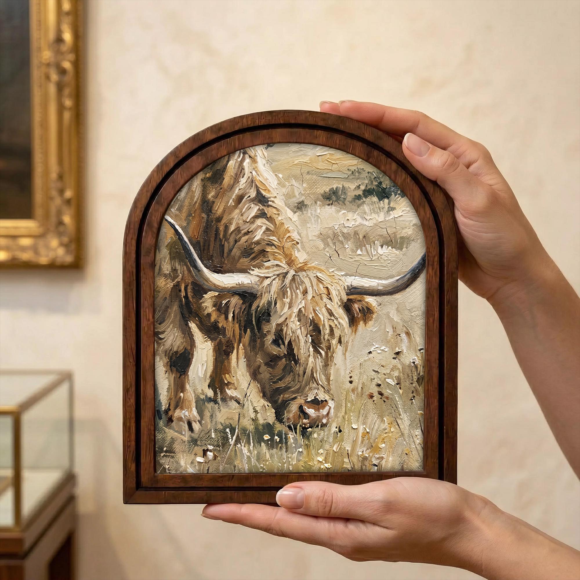 Arched Highland Cow Frame, Country Farmhouse Decor, Wooden Cattle Art, Rustic Wood Frame, Canvas Farm Art, 3D Layered Frame, Cow Lover Gift