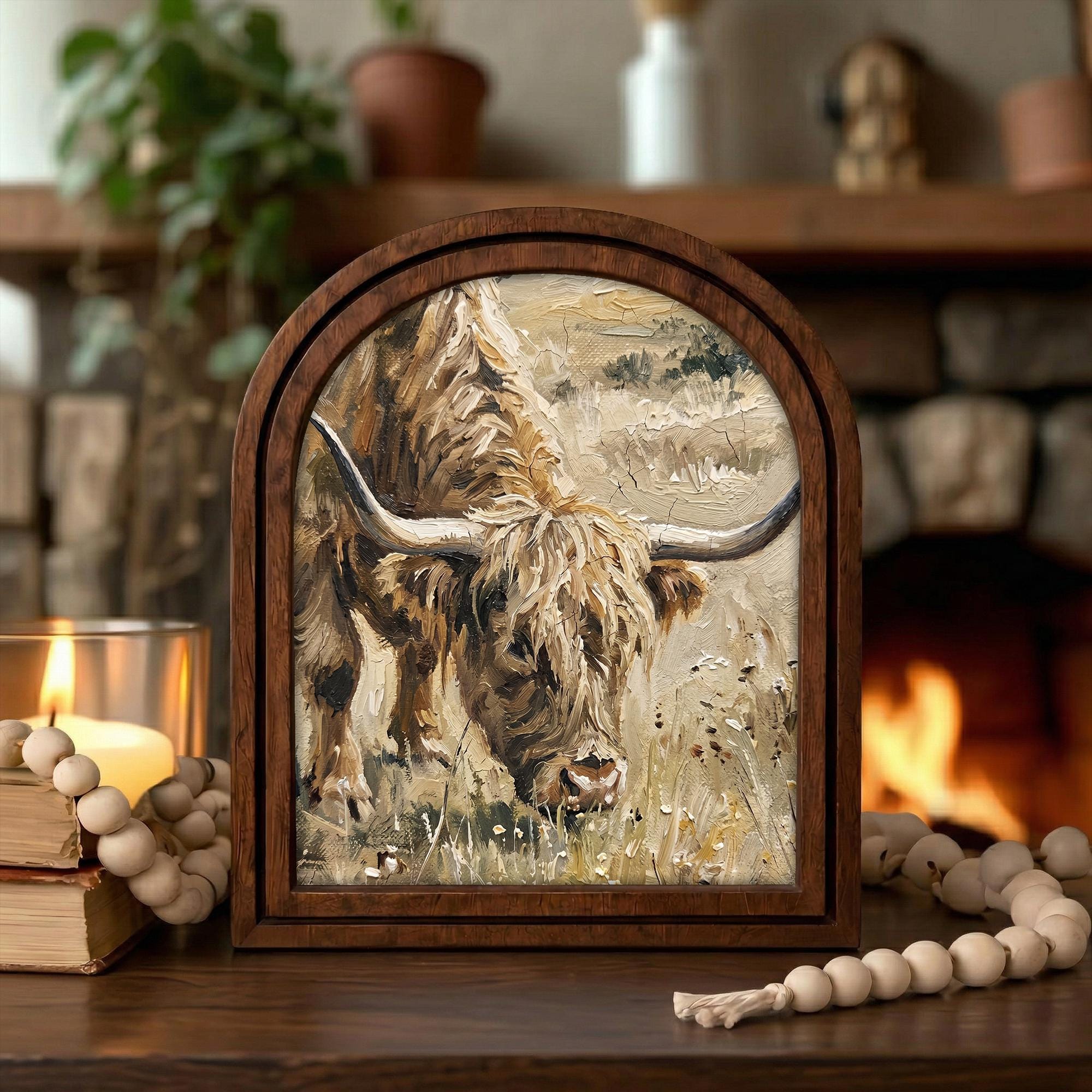 Arched Highland Cow Frame, Country Farmhouse Decor, Wooden Cattle Art, Rustic Wood Frame, Canvas Farm Art, 3D Layered Frame, Cow Lover Gift