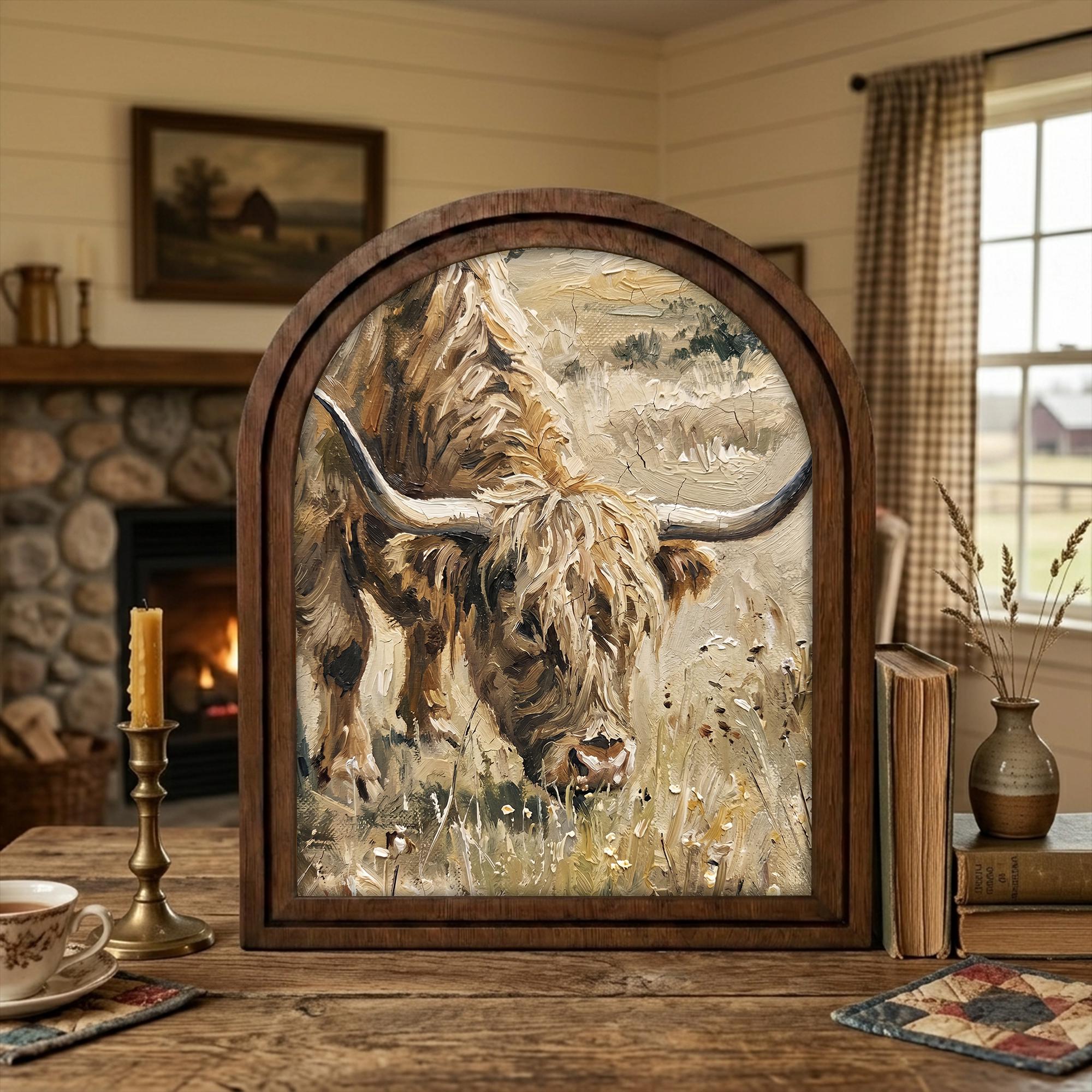 Arched Highland Cow Frame, Country Farmhouse Decor, Wooden Cattle Art, Rustic Wood Frame, Canvas Farm Art, 3D Layered Frame, Cow Lover Gift