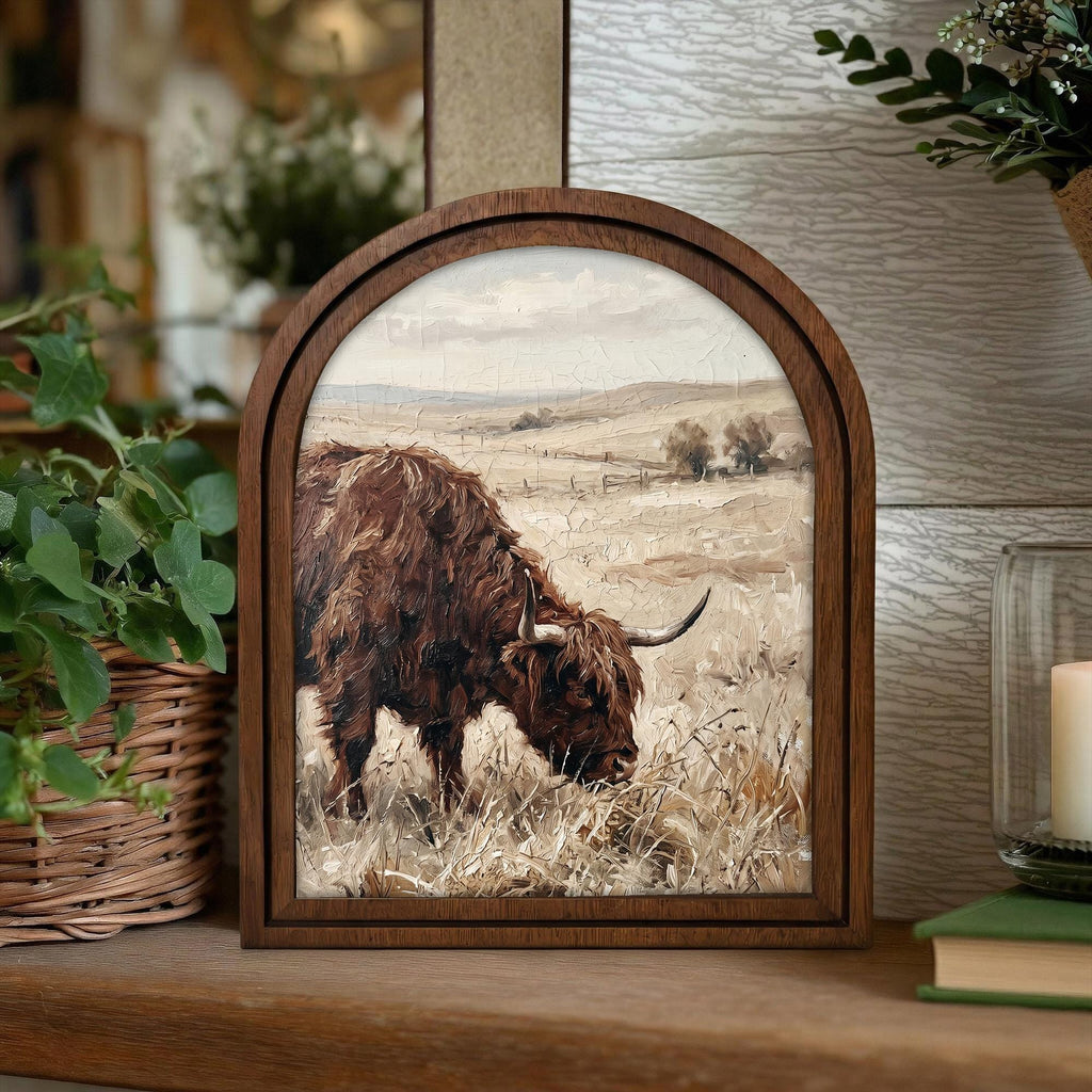 Arched Highland Cow Frame, Country Farmhouse Decor, Wooden Cattle Art, Rustic Wood Frame, Canvas Farm Art, 3D Layered Frame, Cow Lover Gift