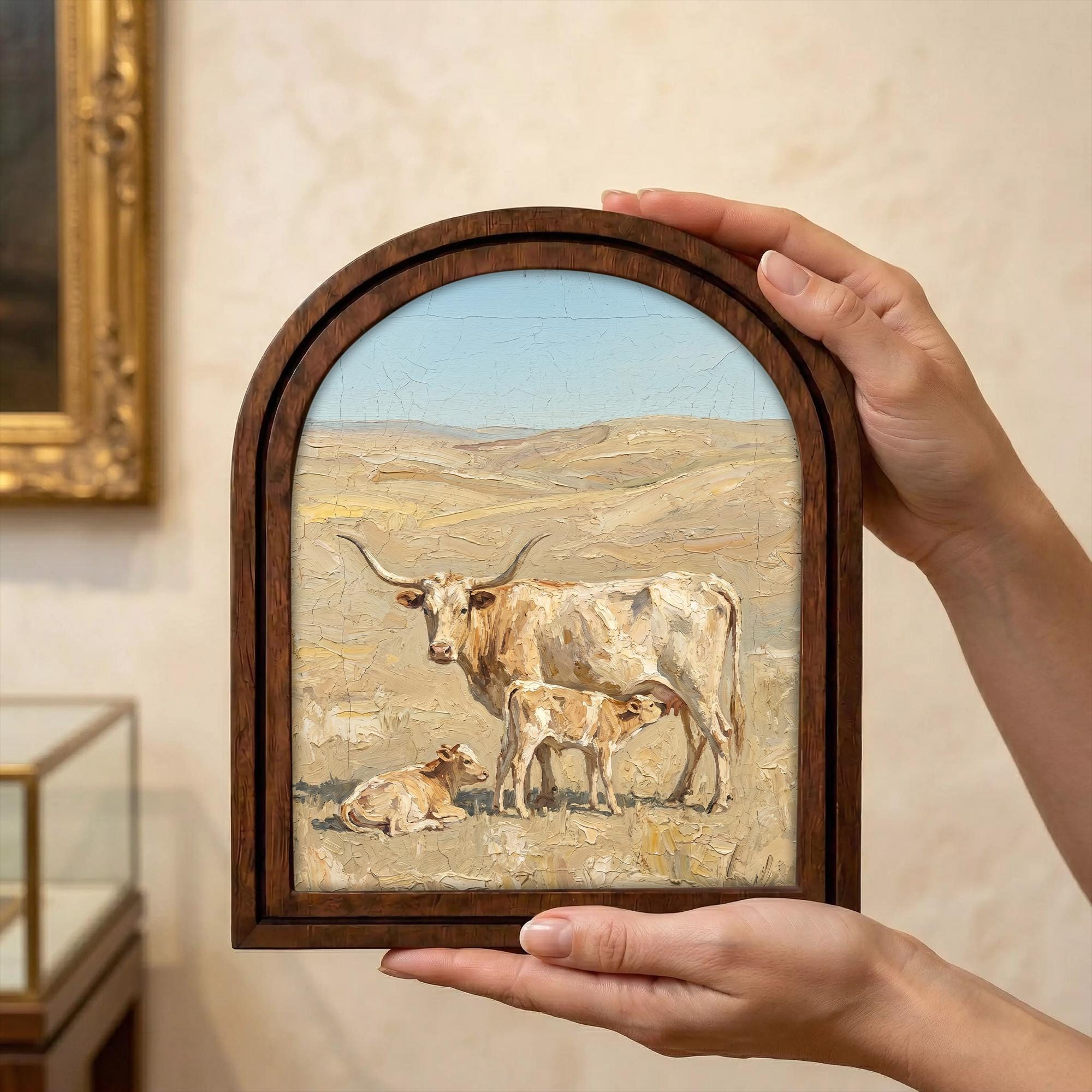 Arched Longhorn Frame, Country Farmhouse Decor, Wooden Cow Art, Rustic Wood Frame, Canvas Farm Art, 3D Layered Frame, Cow Lover Gift Decor