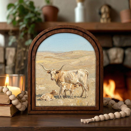 Arched Longhorn Frame, Country Farmhouse Decor, Wooden Cow Art, Rustic Wood Frame, Canvas Farm Art, 3D Layered Frame, Cow Lover Gift Decor