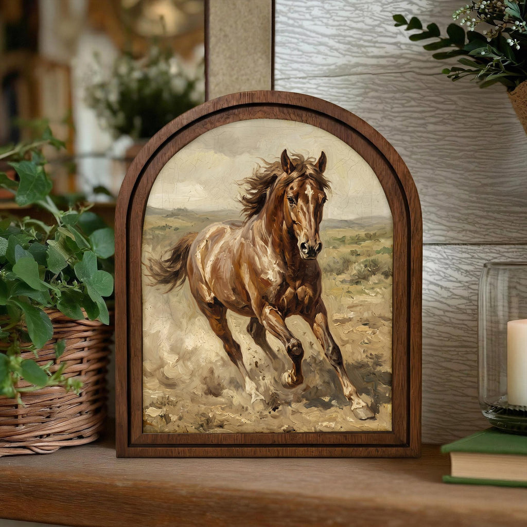 Arched Brown Horse Frame, Country Farmhouse Decor, Running Horse Art, Rustic Wood Frame, Canvas Farm Art, 3D Layered Frame, Horse Lover Gift