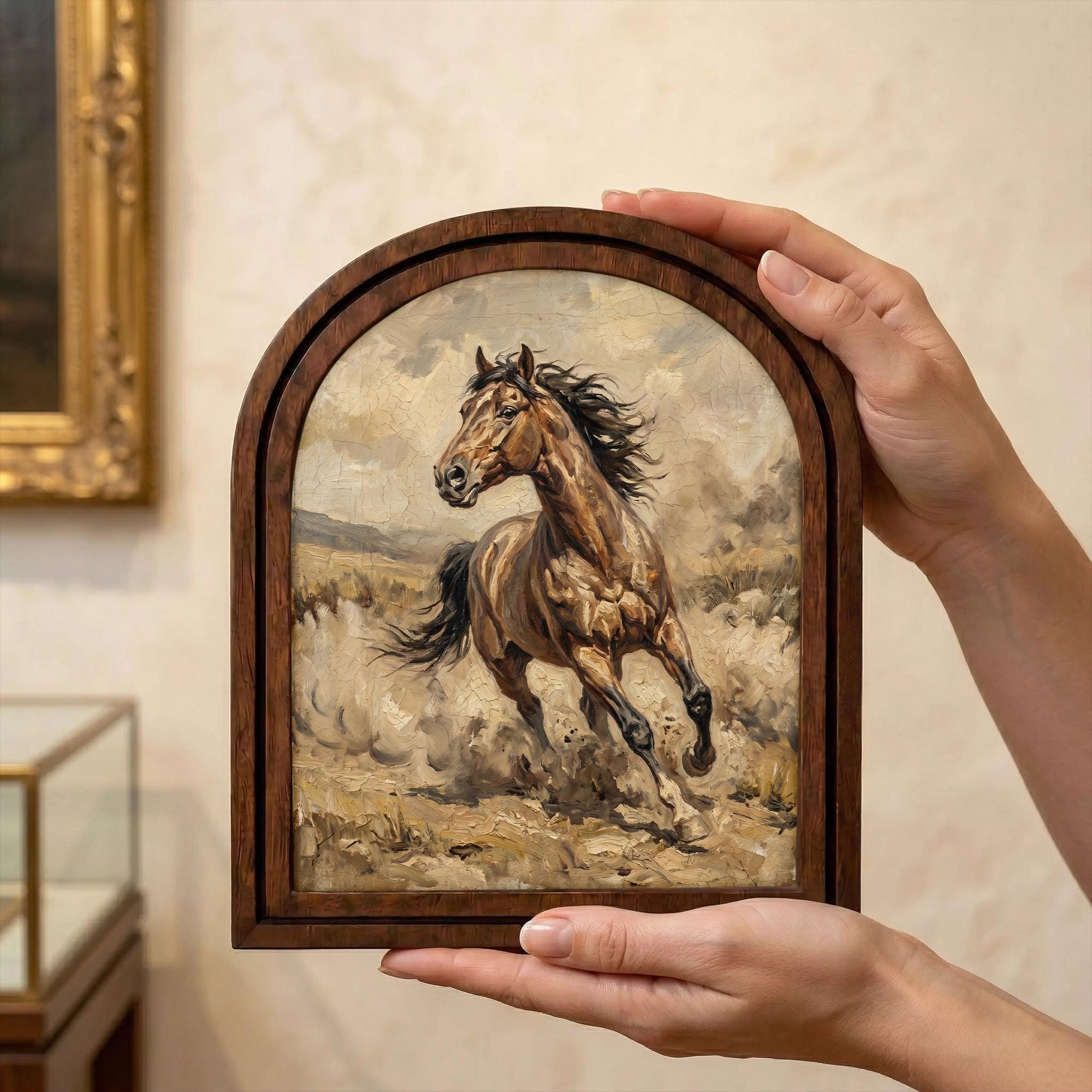Arched Brown Horse Frame, Country Farmhouse Decor, Running Horse Art, Rustic Wood Frame, Canvas Farm Art, 3D Layered Frame, Horse Lover Gift