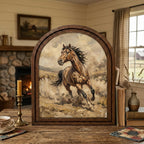 Arched Brown Horse Frame, Country Farmhouse Decor, Running Horse Art, Rustic Wood Frame, Canvas Farm Art, 3D Layered Frame, Horse Lover Gift