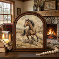 Arched Brown Horse Frame, Country Farmhouse Decor, Running Horse Art, Rustic Wood Frame, Canvas Farm Art, 3D Layered Frame, Horse Lover Gift