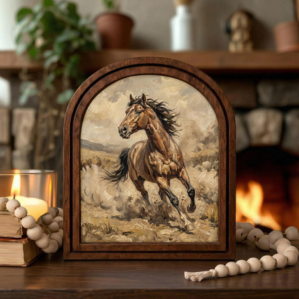 Arched Brown Horse Frame, Country Farmhouse Decor, Running Horse Art, Rustic Wood Frame, Canvas Farm Art, 3D Layered Frame, Horse Lover Gift