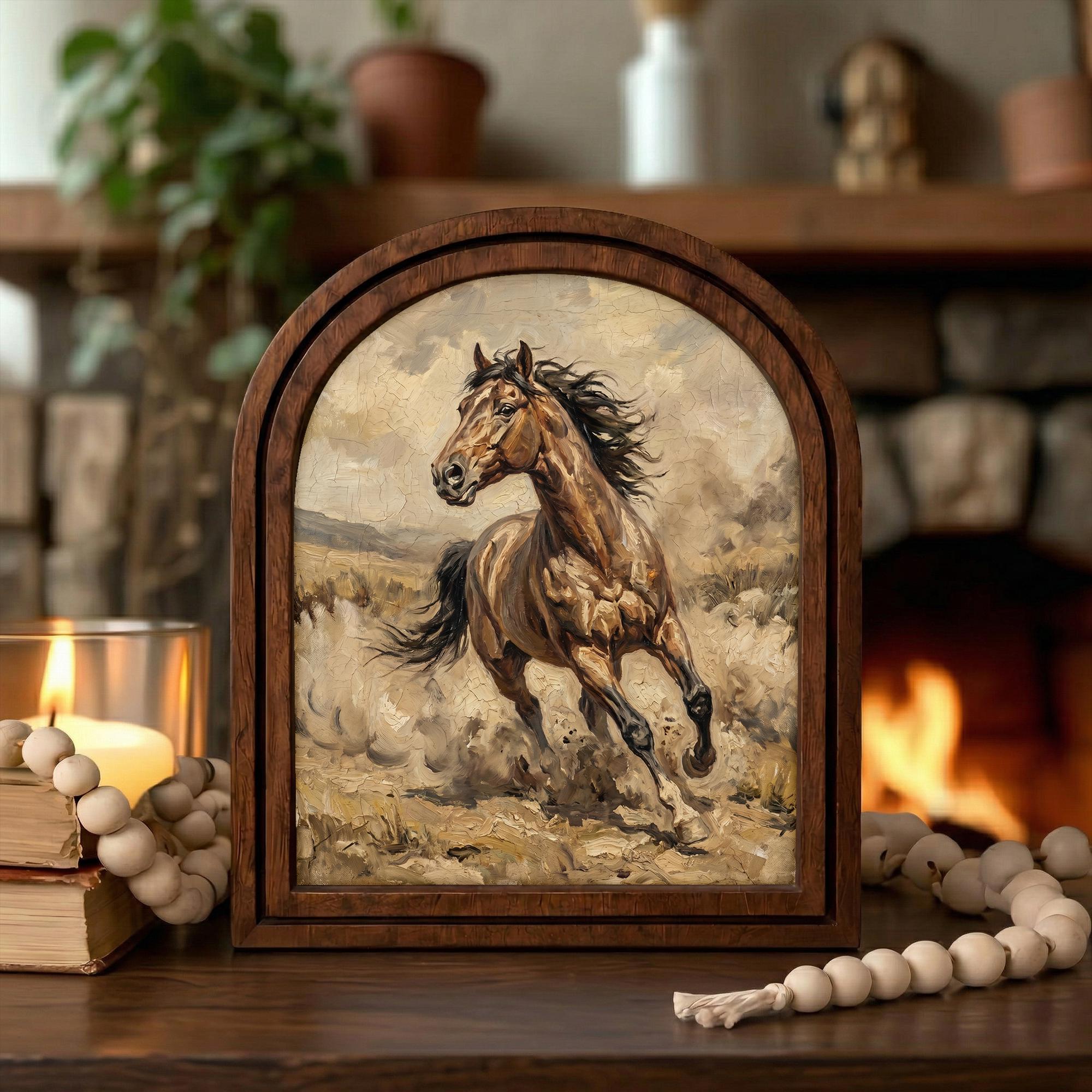 Arched Brown Horse Frame, Country Farmhouse Decor, Running Horse Art, Rustic Wood Frame, Canvas Farm Art, 3D Layered Frame, Horse Lover Gift