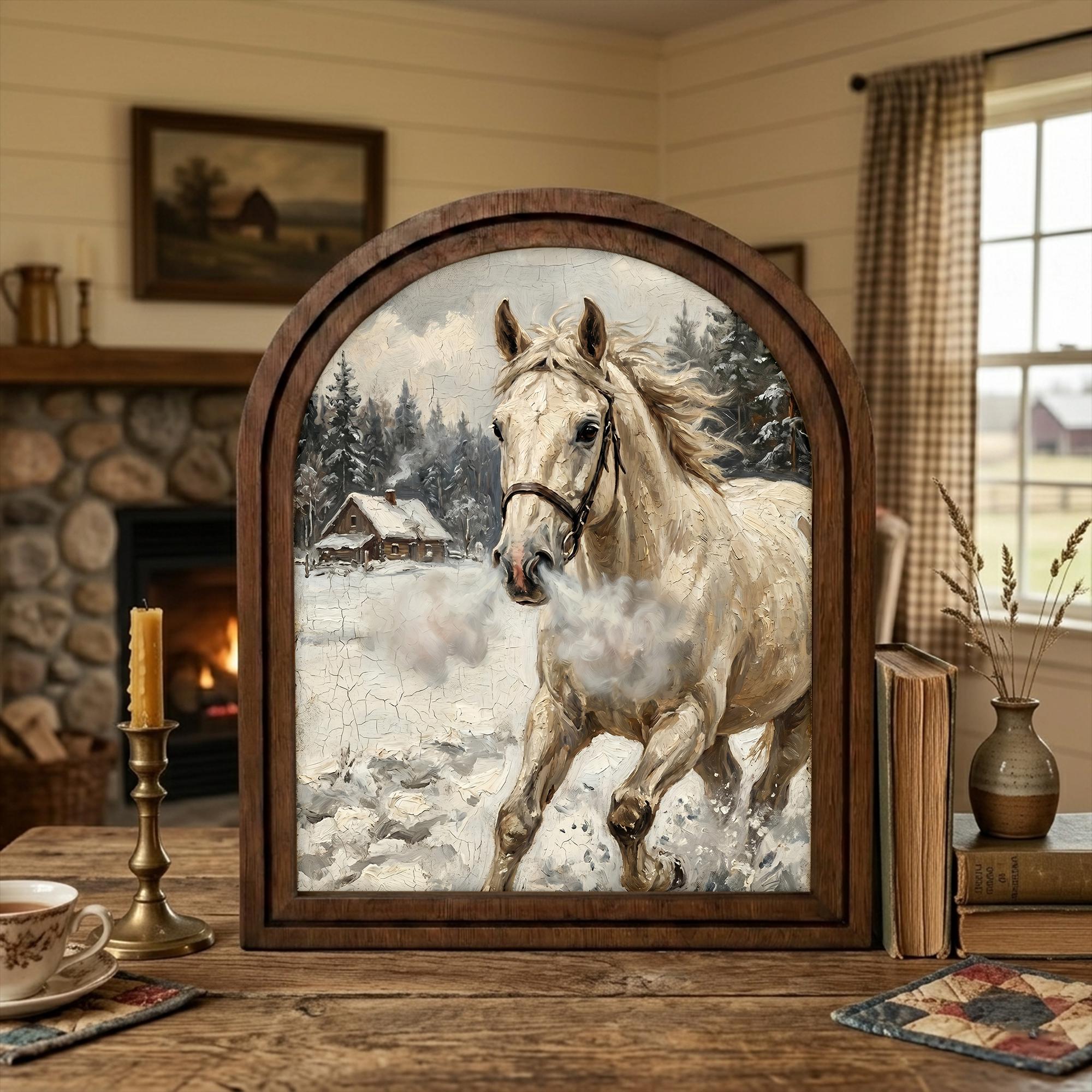 Arched White Horse Frame, Winter Countryside Decor, Running Horse Art, Rustic Wood Frame, Canvas Farm Art, 3D Layer Frame, Horse Lover Gift