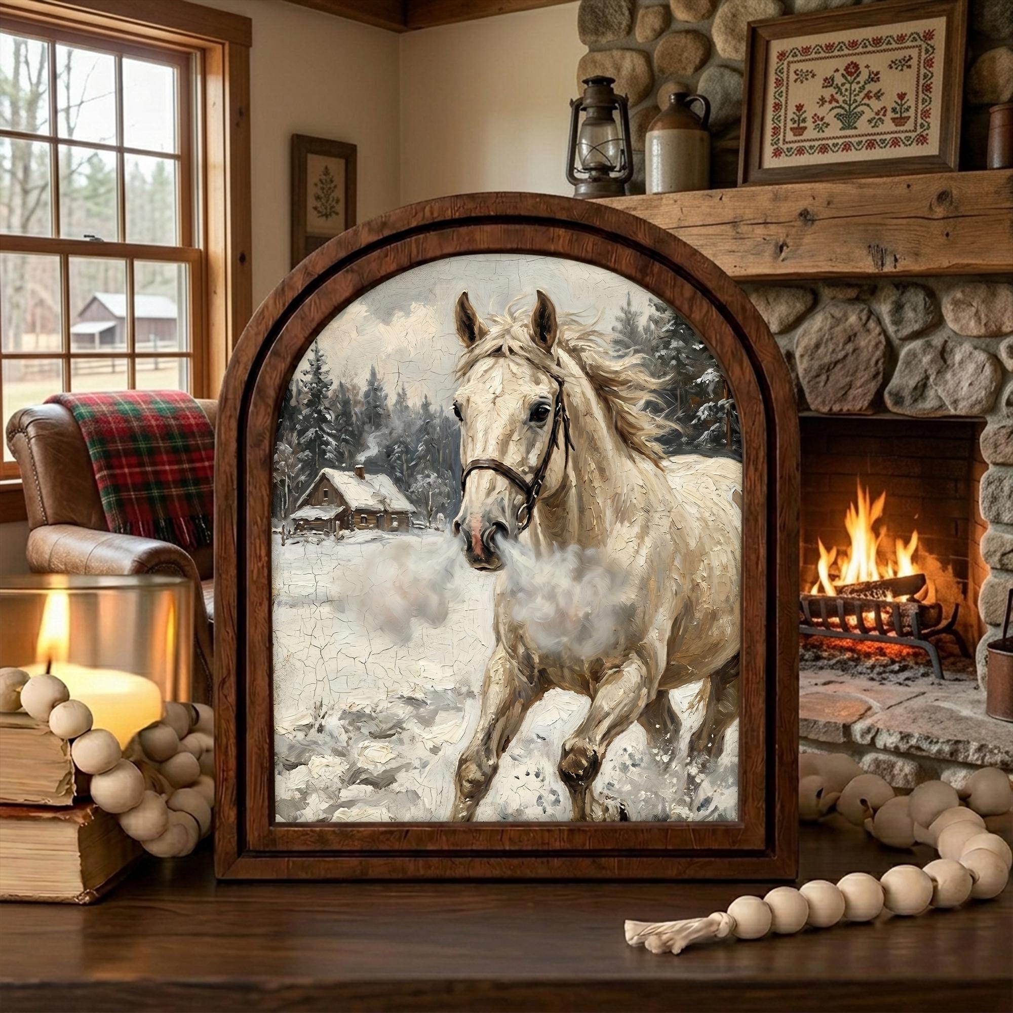 Arched White Horse Frame, Winter Countryside Decor, Running Horse Art, Rustic Wood Frame, Canvas Farm Art, 3D Layer Frame, Horse Lover Gift