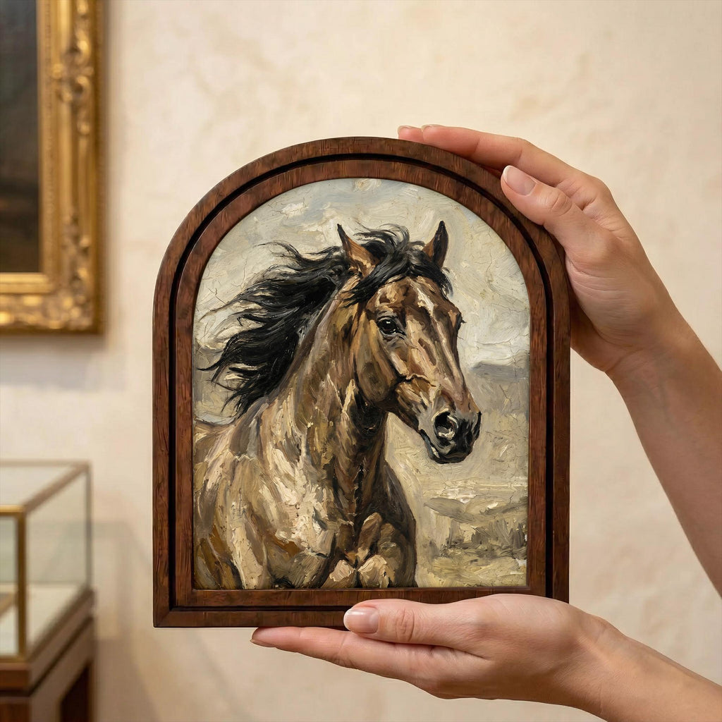 Arched Brown Horse Frame, Country Farmhouse Decor, Wooden Horse Art, Rustic Wood Frame, Canvas Farm Art, 3D Layered Frame, Horse Lover Gift