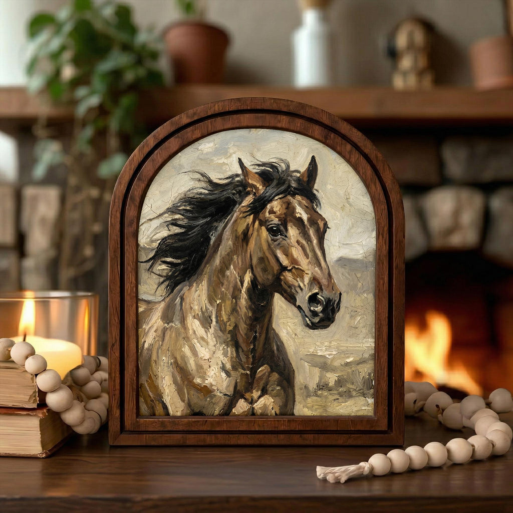 Arched Brown Horse Frame, Country Farmhouse Decor, Wooden Horse Art, Rustic Wood Frame, Canvas Farm Art, 3D Layered Frame, Horse Lover Gift