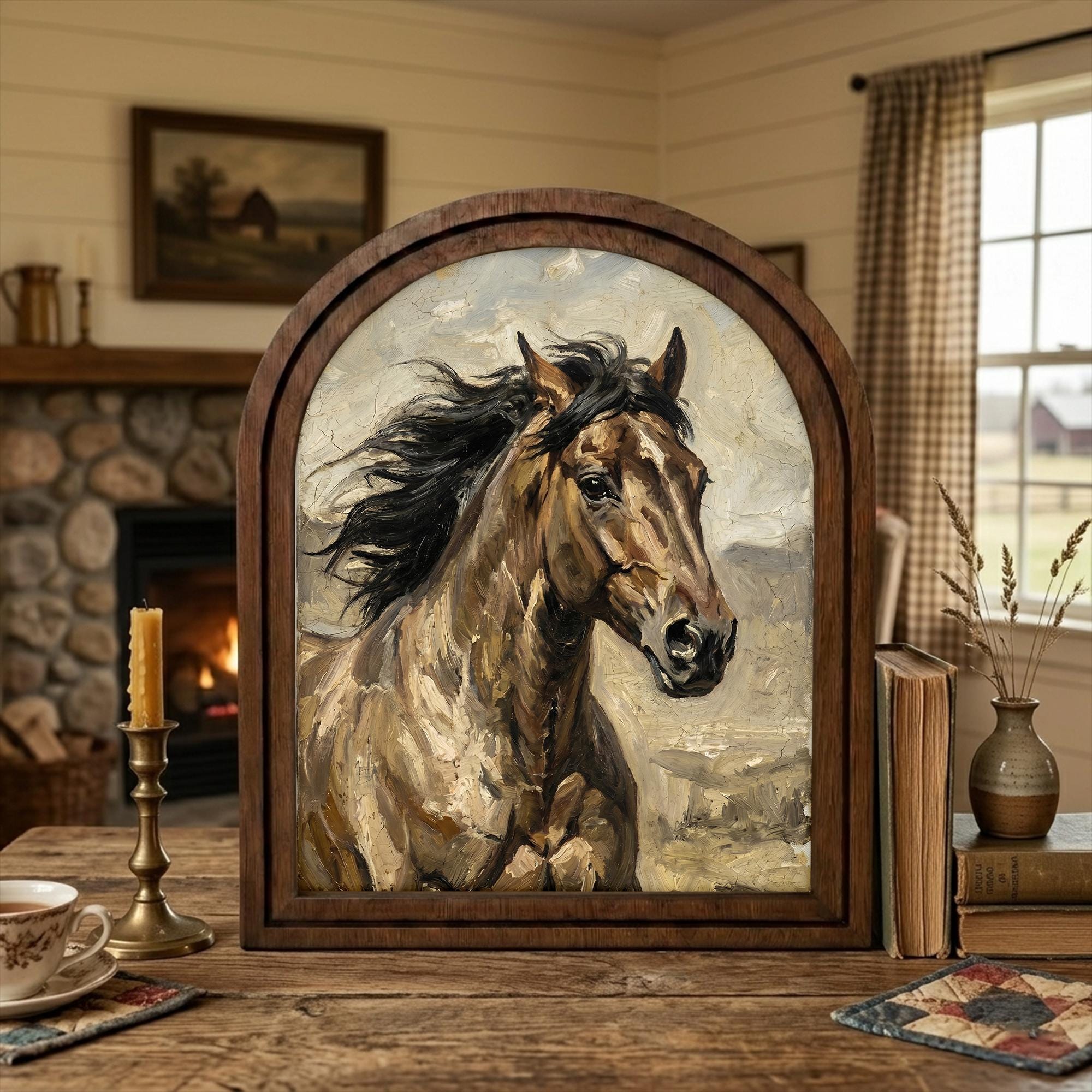 Arched Brown Horse Frame, Country Farmhouse Decor, Wooden Horse Art, Rustic Wood Frame, Canvas Farm Art, 3D Layered Frame, Horse Lover Gift