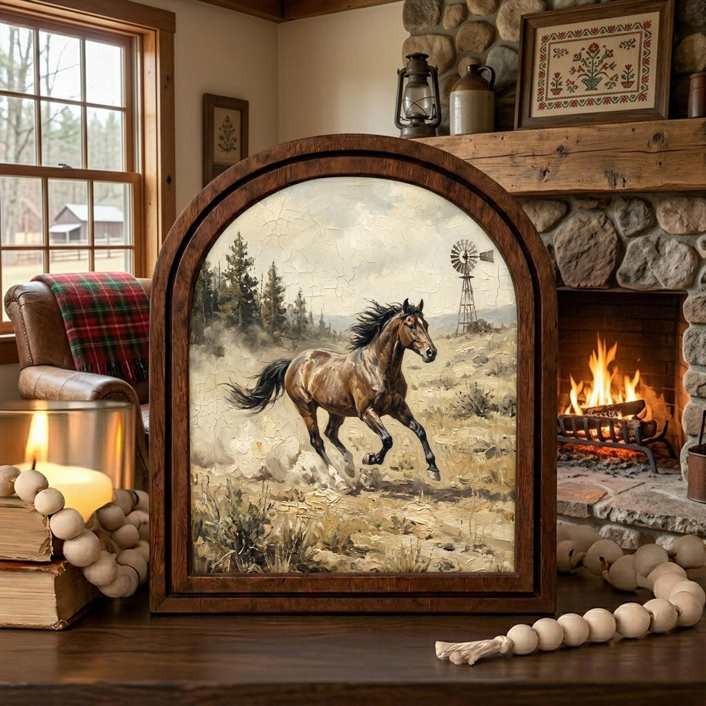 Arched Brown Horse Frame, Running Horse Art, Windmill Ranch Decor, Rustic Wood Frame, Canvas Farm Art, 3D Layered Frame, Horse Lover Gift