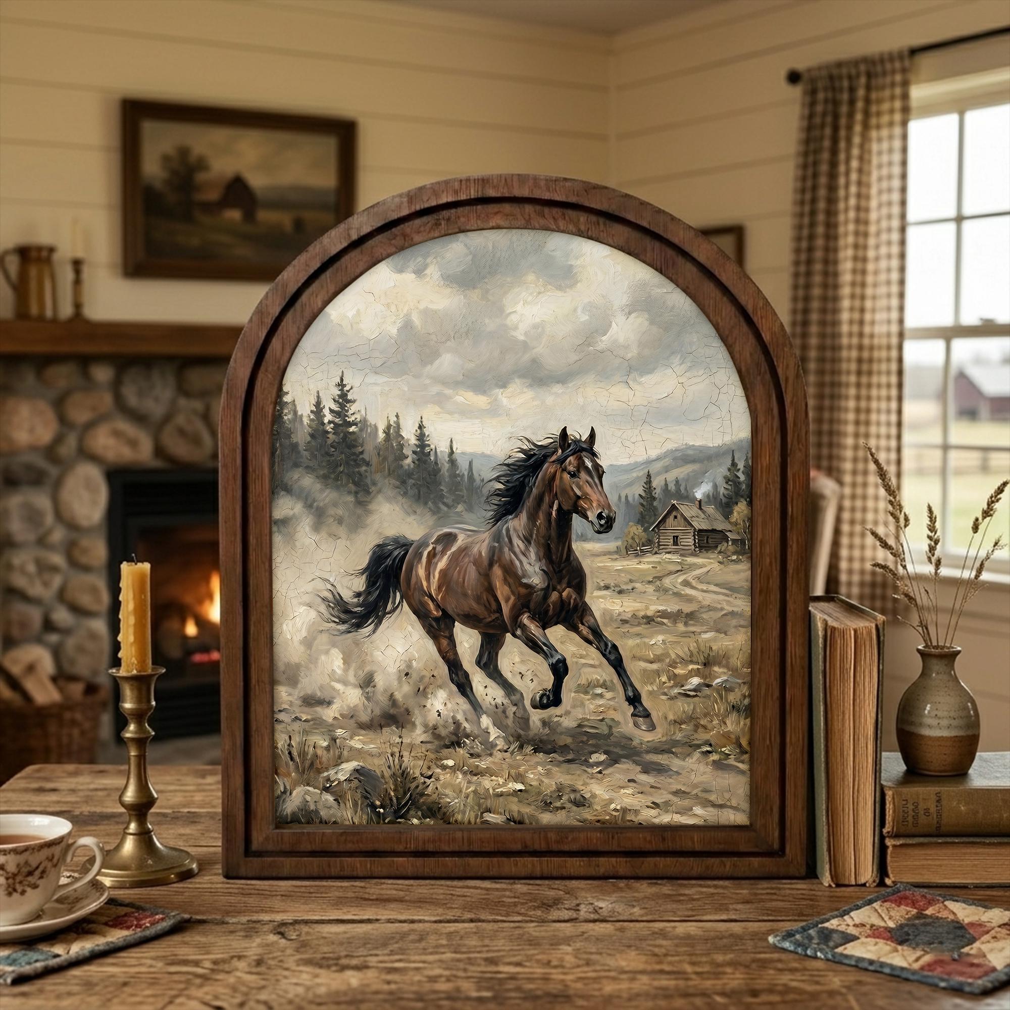 Arched Brown Horse Frame, Country Farmhouse Decor, Running Horse Art, Rustic Wood Frame, Canvas Farm Art, 3D Layered Frame, Horse Lover Gift
