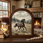 Arched Brown Horse Frame, Country Farmhouse Decor, Running Horse Art, Rustic Wood Frame, Canvas Farm Art, 3D Layered Frame, Horse Lover Gift