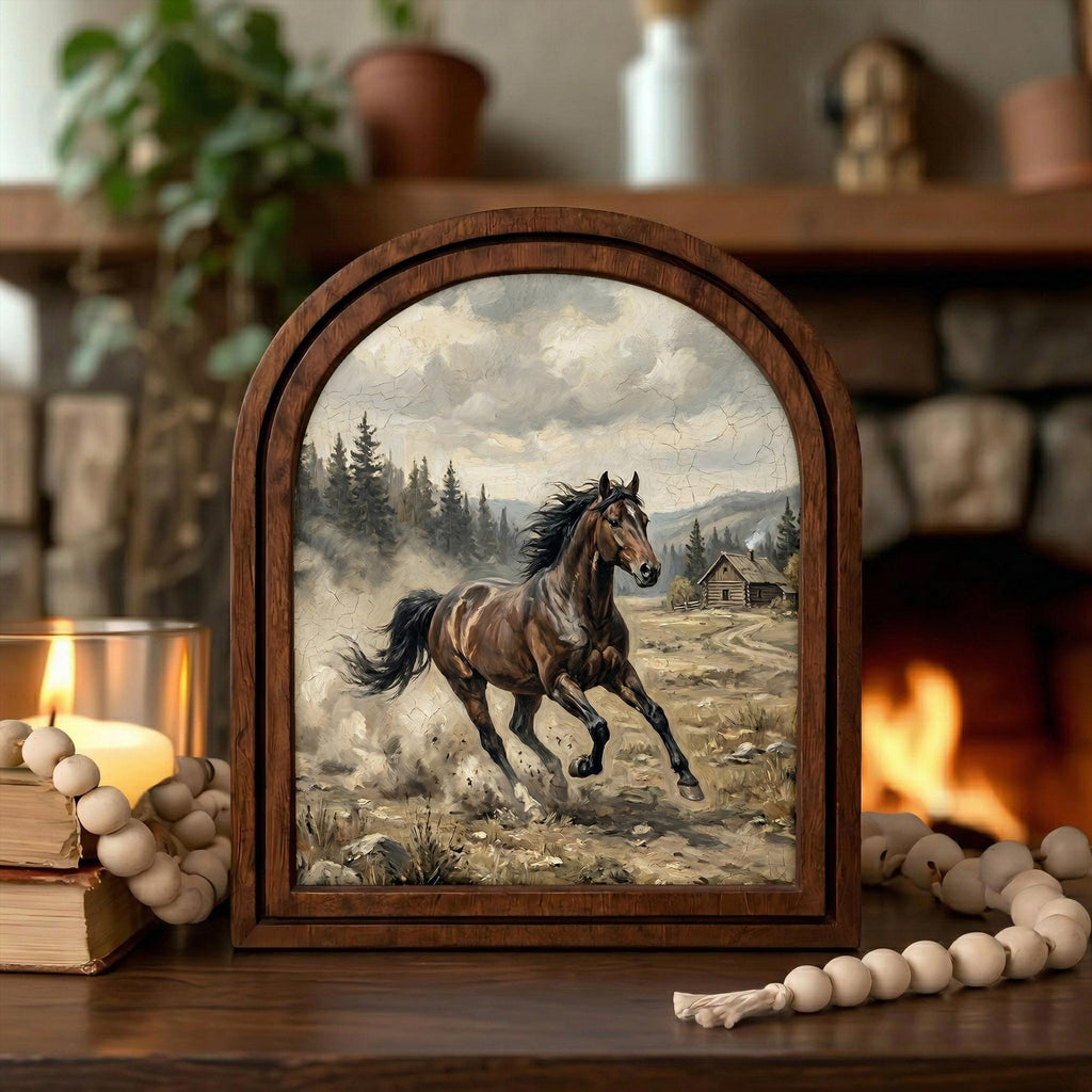 Arched Brown Horse Frame, Country Farmhouse Decor, Running Horse Art, Rustic Wood Frame, Canvas Farm Art, 3D Layered Frame, Horse Lover Gift