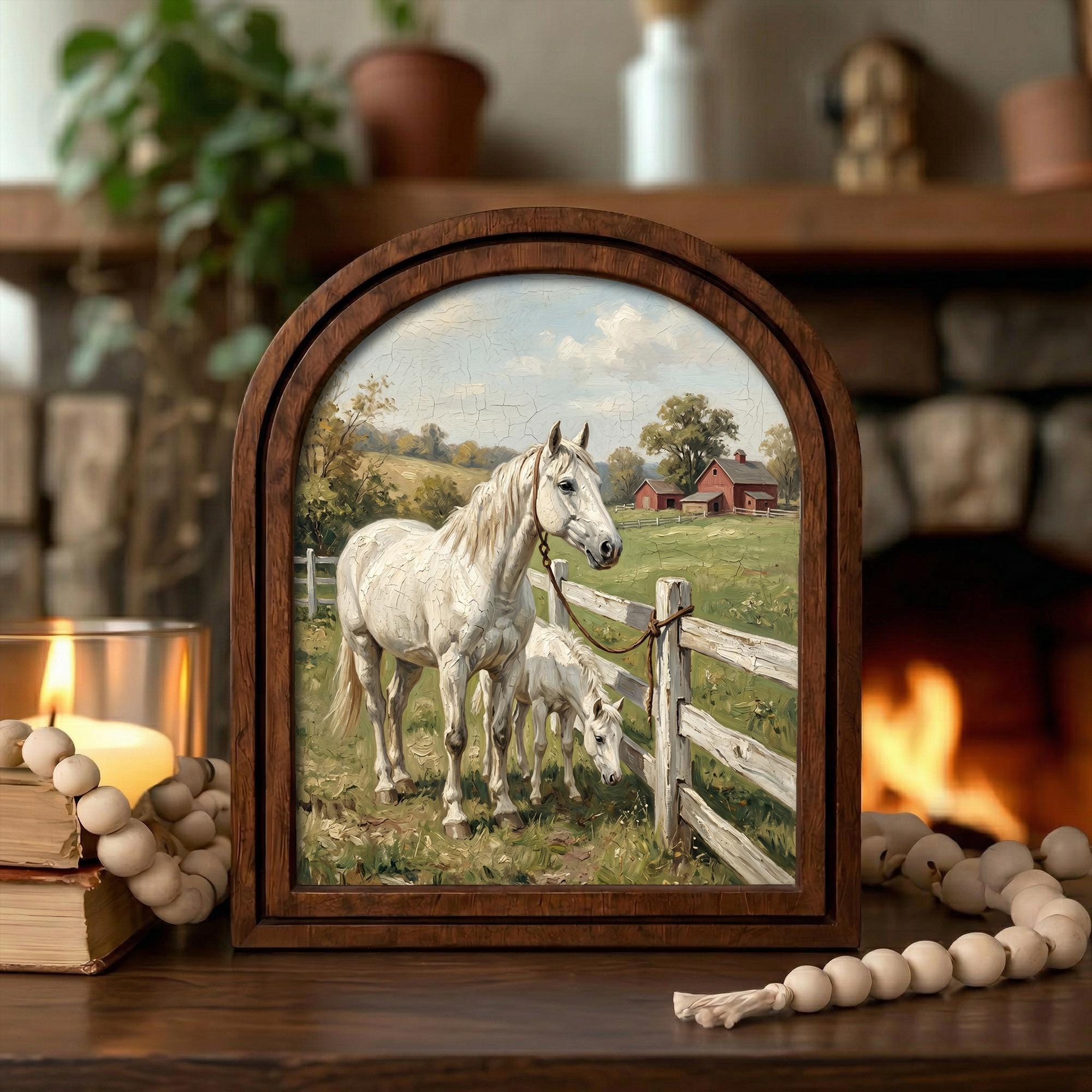 Arched White Horse Frame, Red Barn Ranch Decor, Wooden Horse Art, Rustic Wood Frame, Canvas Farm Art, 3D Layered Frame, Horse Lover Gift