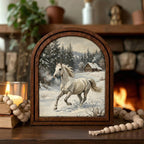 Arched White Horse Frame, Winter Countryside Decor, Running Horse Art, Rustic Wood Frame, Canvas Farm Art, 3D Layer Frame, Horse Lover Gift