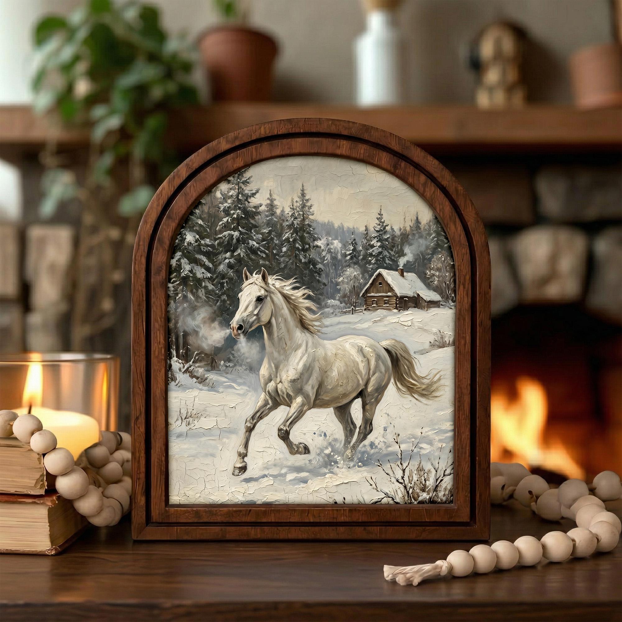 Arched White Horse Frame, Winter Countryside Decor, Running Horse Art, Rustic Wood Frame, Canvas Farm Art, 3D Layer Frame, Horse Lover Gift