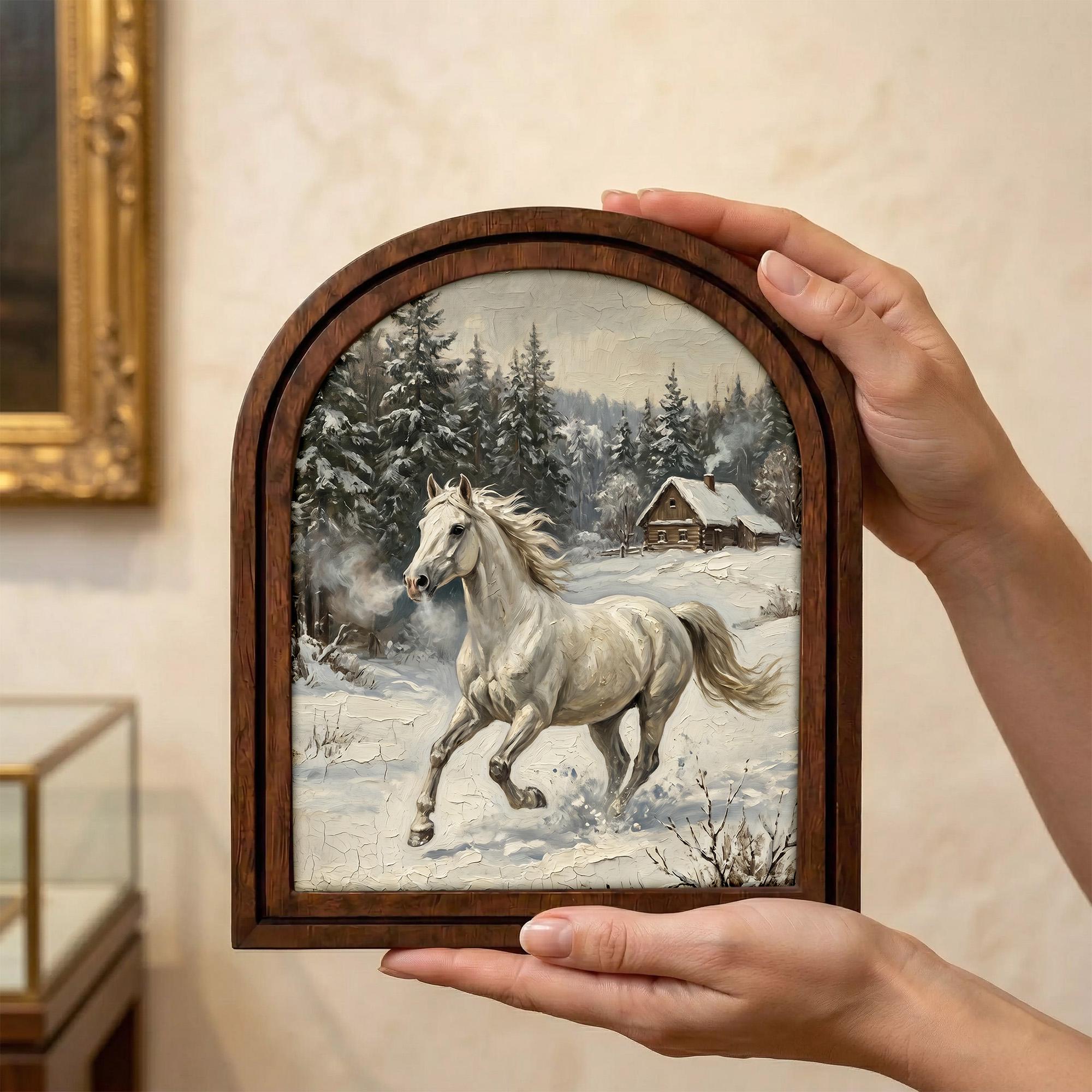 Arched White Horse Frame, Winter Countryside Decor, Running Horse Art, Rustic Wood Frame, Canvas Farm Art, 3D Layer Frame, Horse Lover Gift